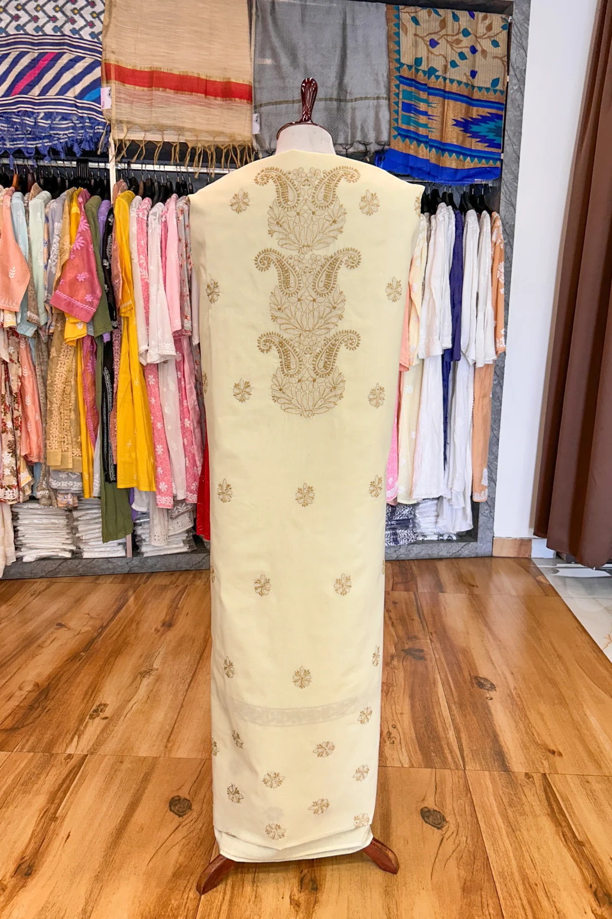 Arsh Handcrafted Almond Fawn Cotton Unstitched Chikankari 3pc Suit Set - Image 2