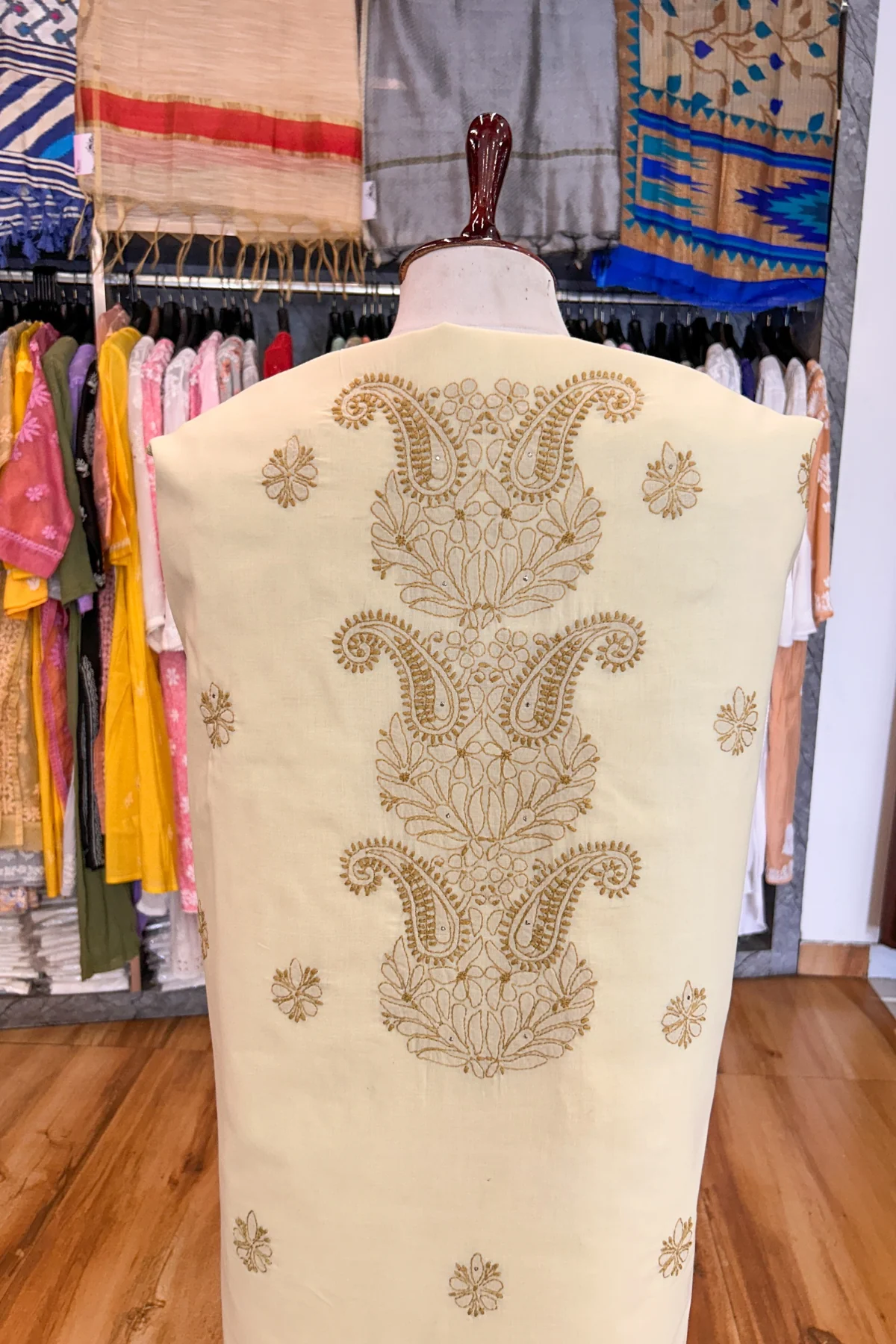 Arsh Handcrafted Almond Fawn Cotton Unstitched Chikankari 3pc Suit Set - Image 3