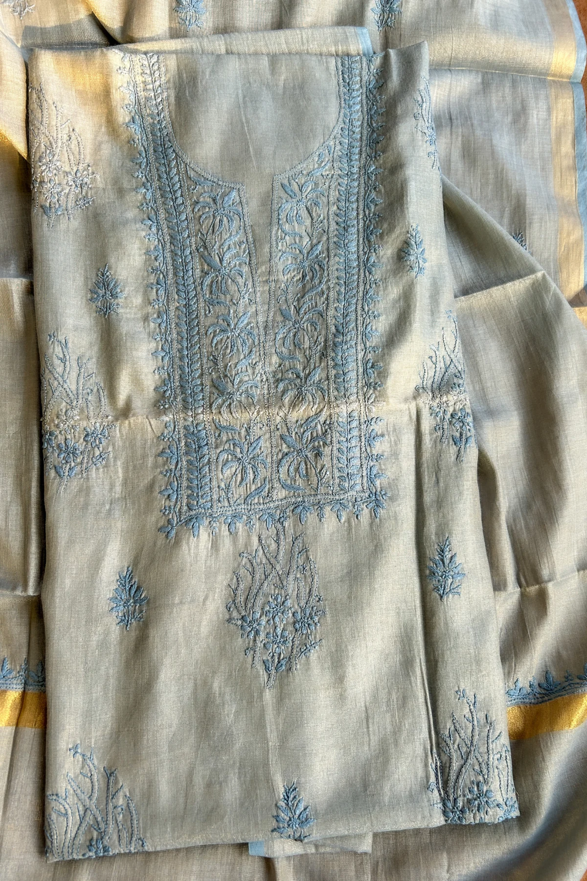 Arsh Handcrafted Tissue Chanderi Kurti and Dupatta Chikankari Set - Image 7