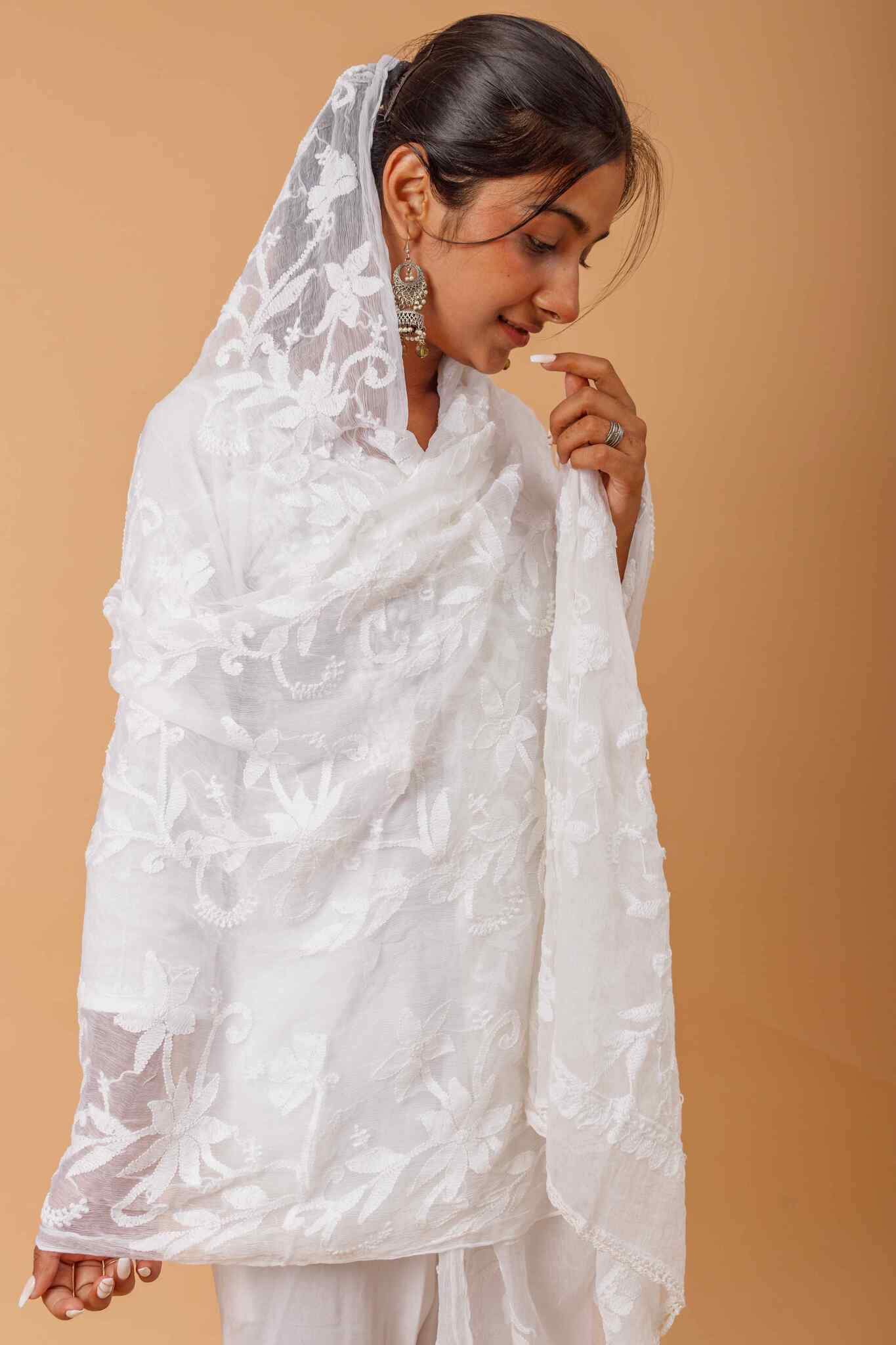 Arsh Handcrafted Chikankari Pure Chiffon Heavy Chikan embroidered Dupatta - Image 2