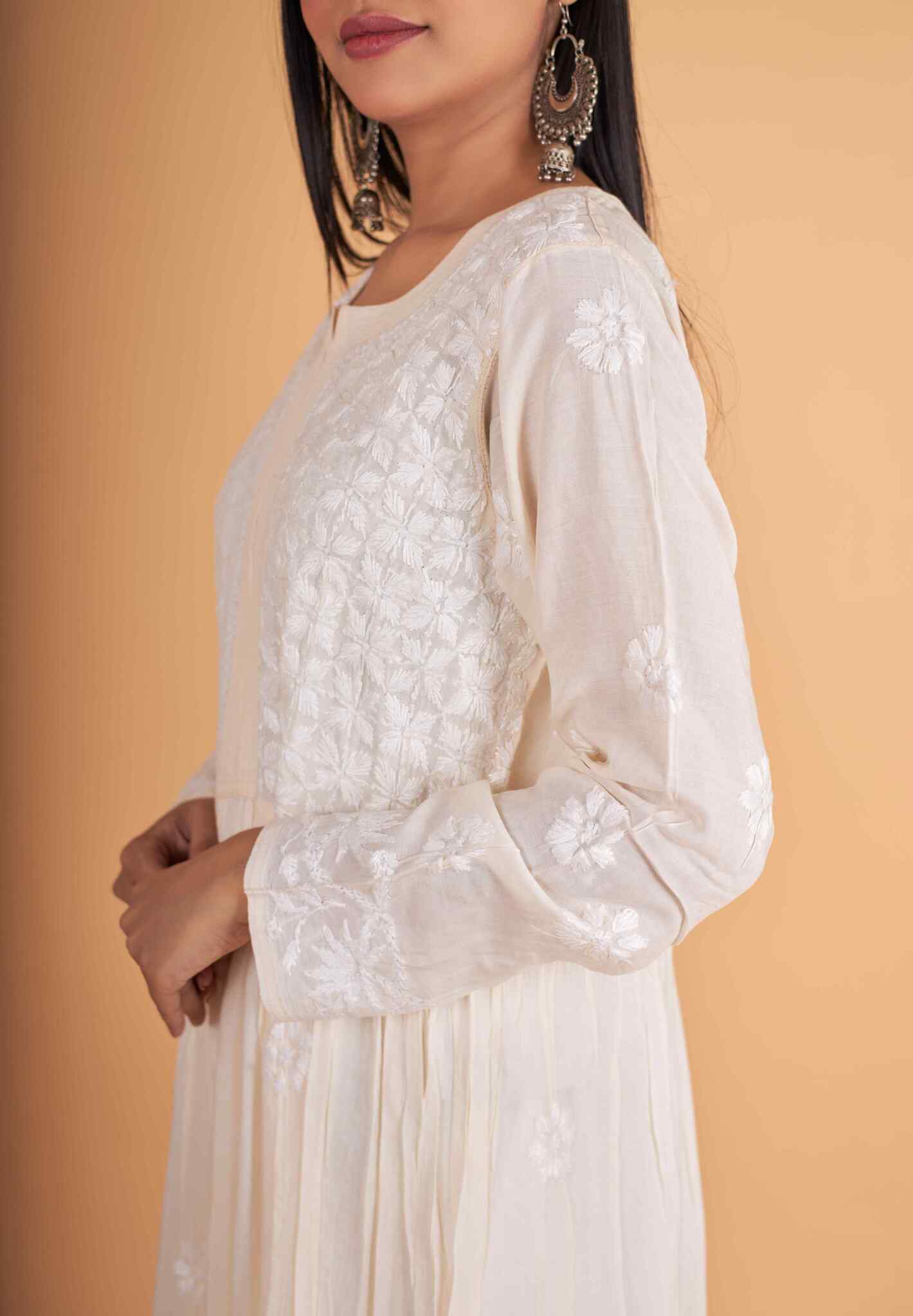 Arsh Handcrafted Cream Modal Chikankari Gown Dress - Image 4