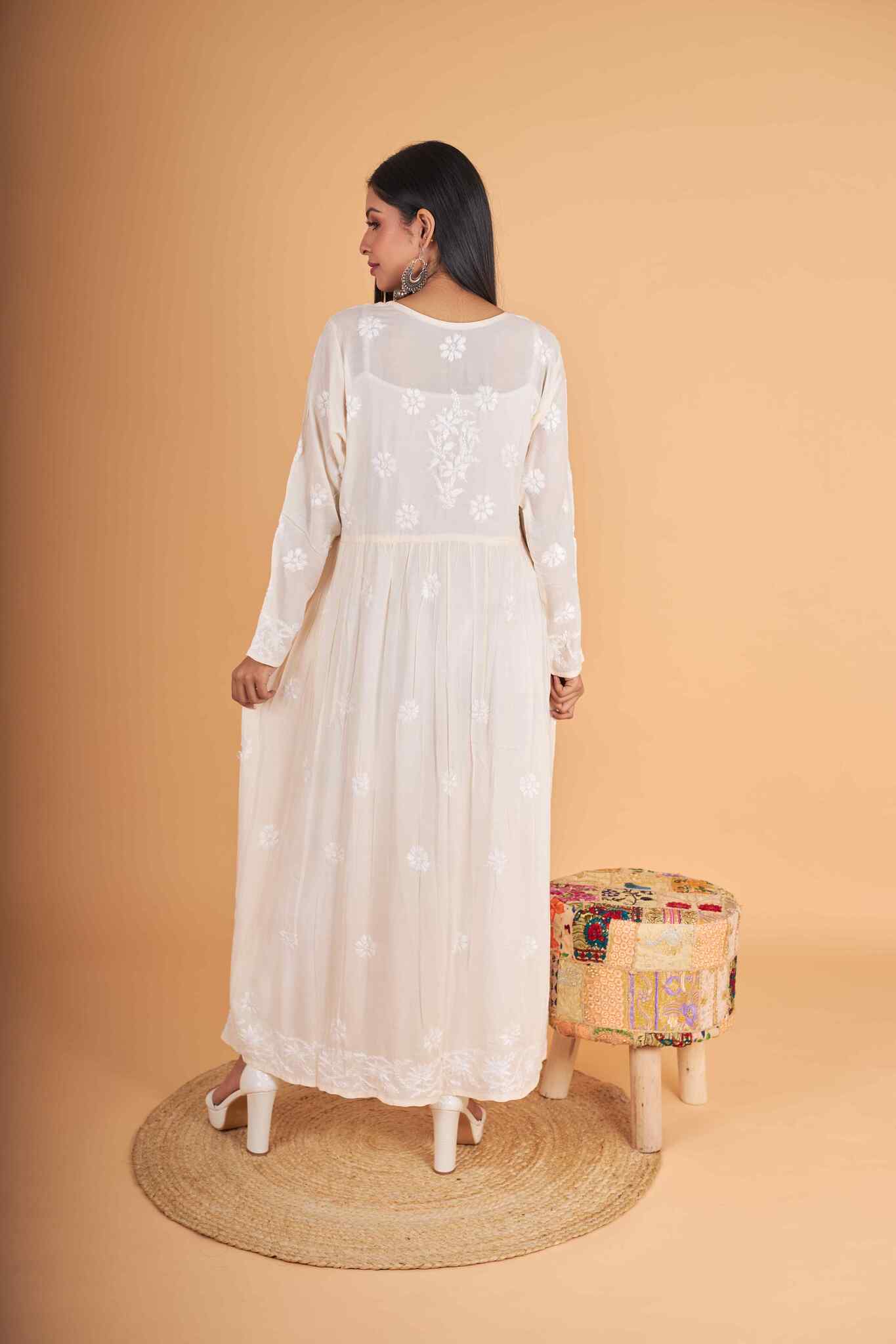 Arsh Handcrafted Cream Modal Chikankari Gown Dress - Image 5