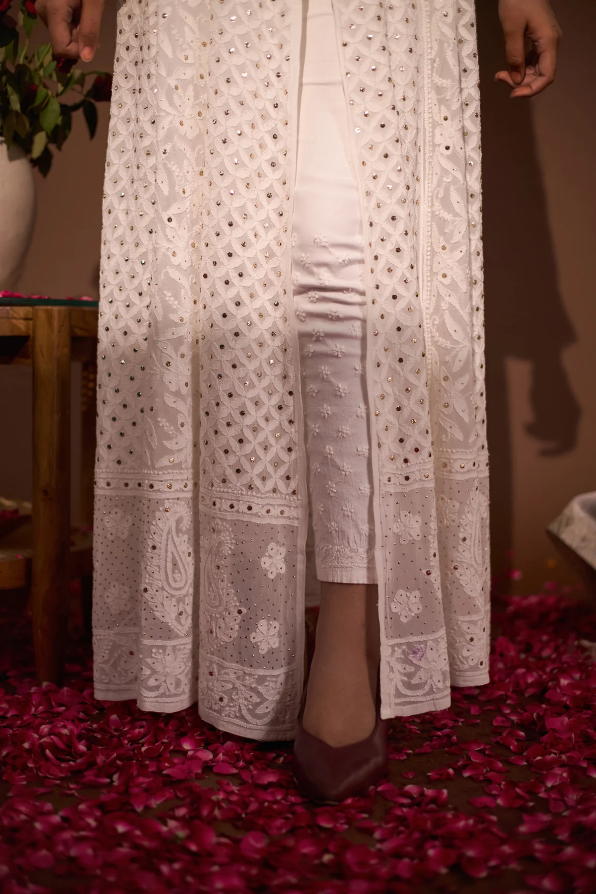 Arsh Handcrafted Front Open White Chikan Anarkali - Image 6