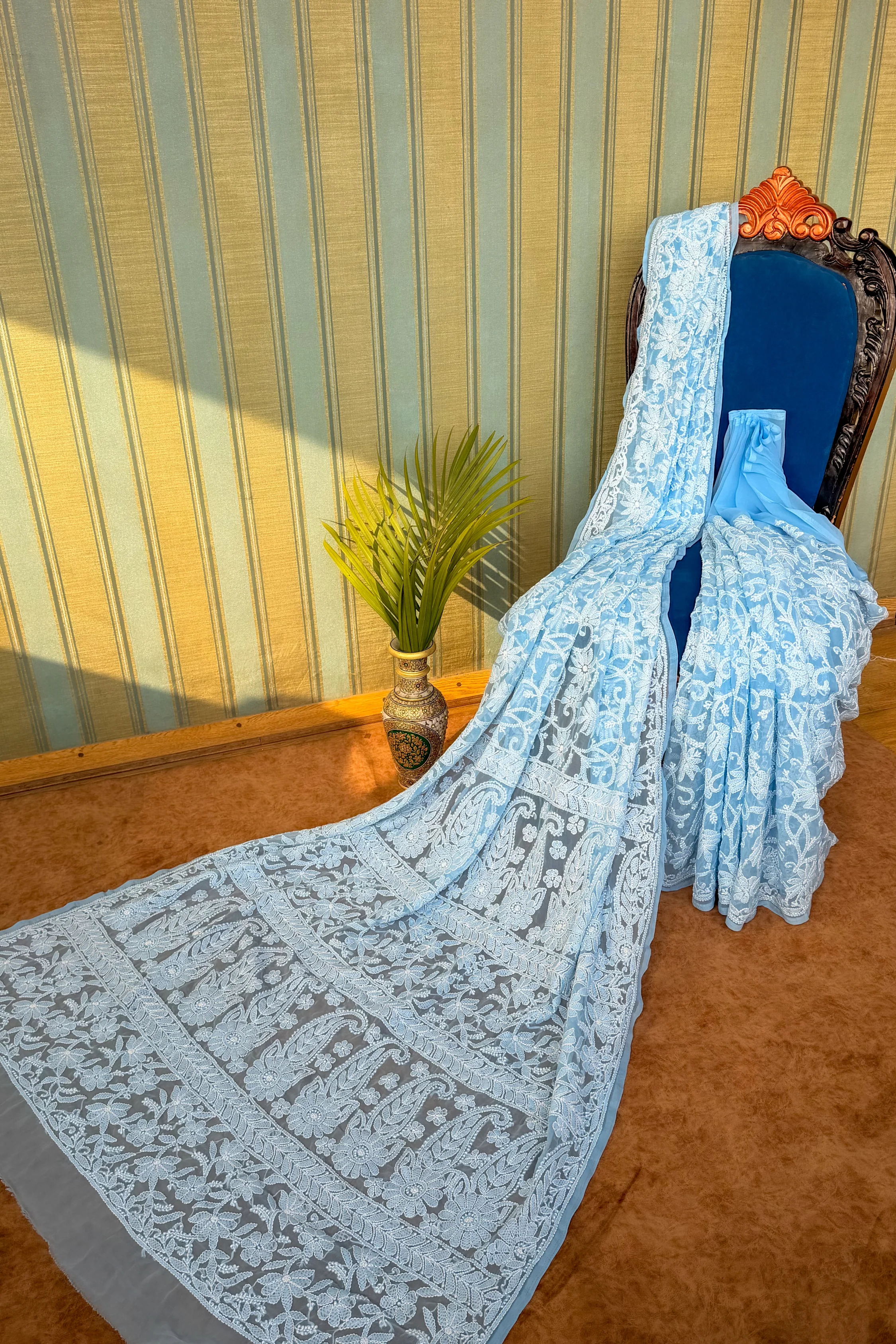 Arsh Handcrafted Georgette All Over Chikan Powder Blue Embroidered Saree