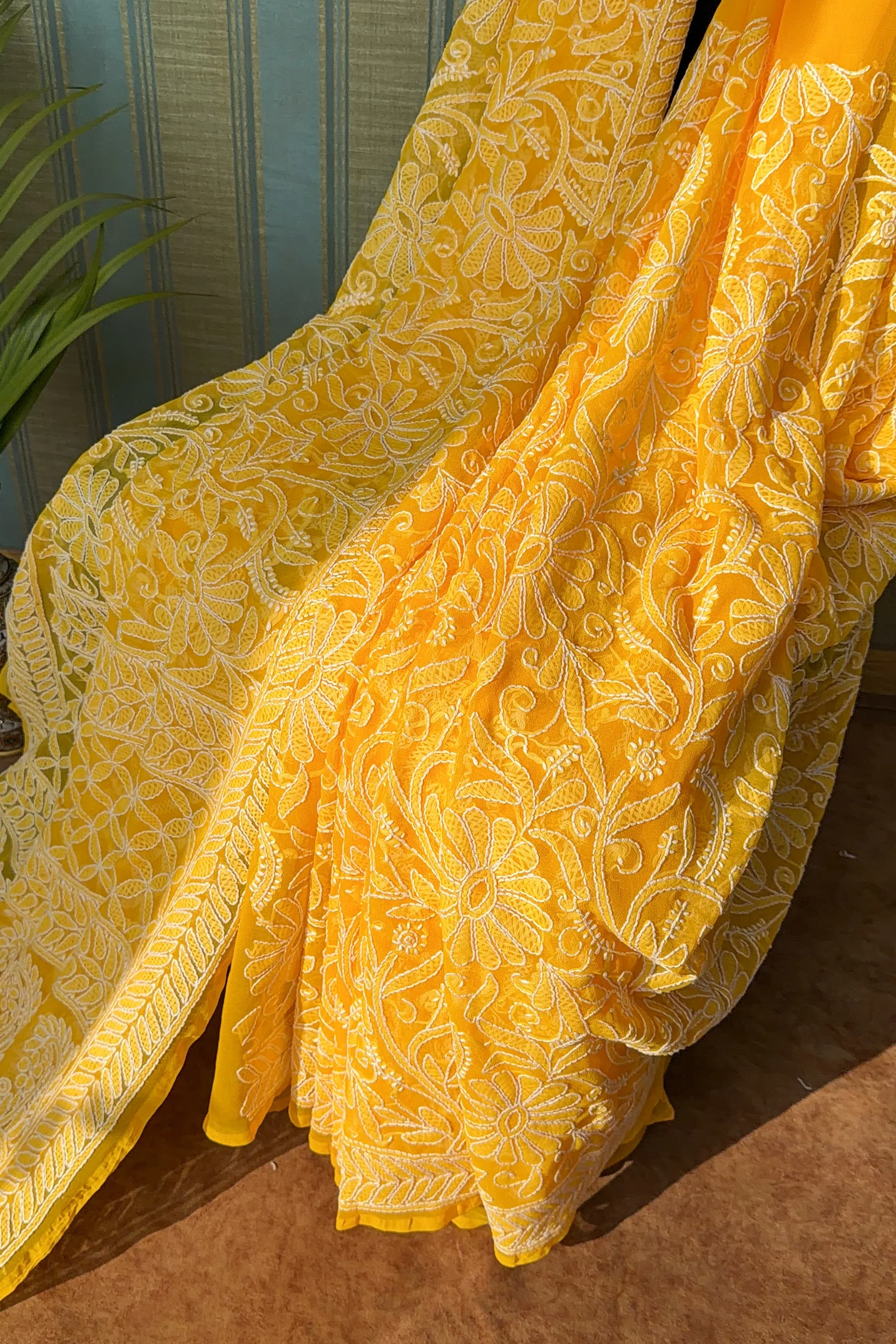 Arsh Handcrafted Georgette All Over Chikan Yellow Embroidered Saree - Image 2