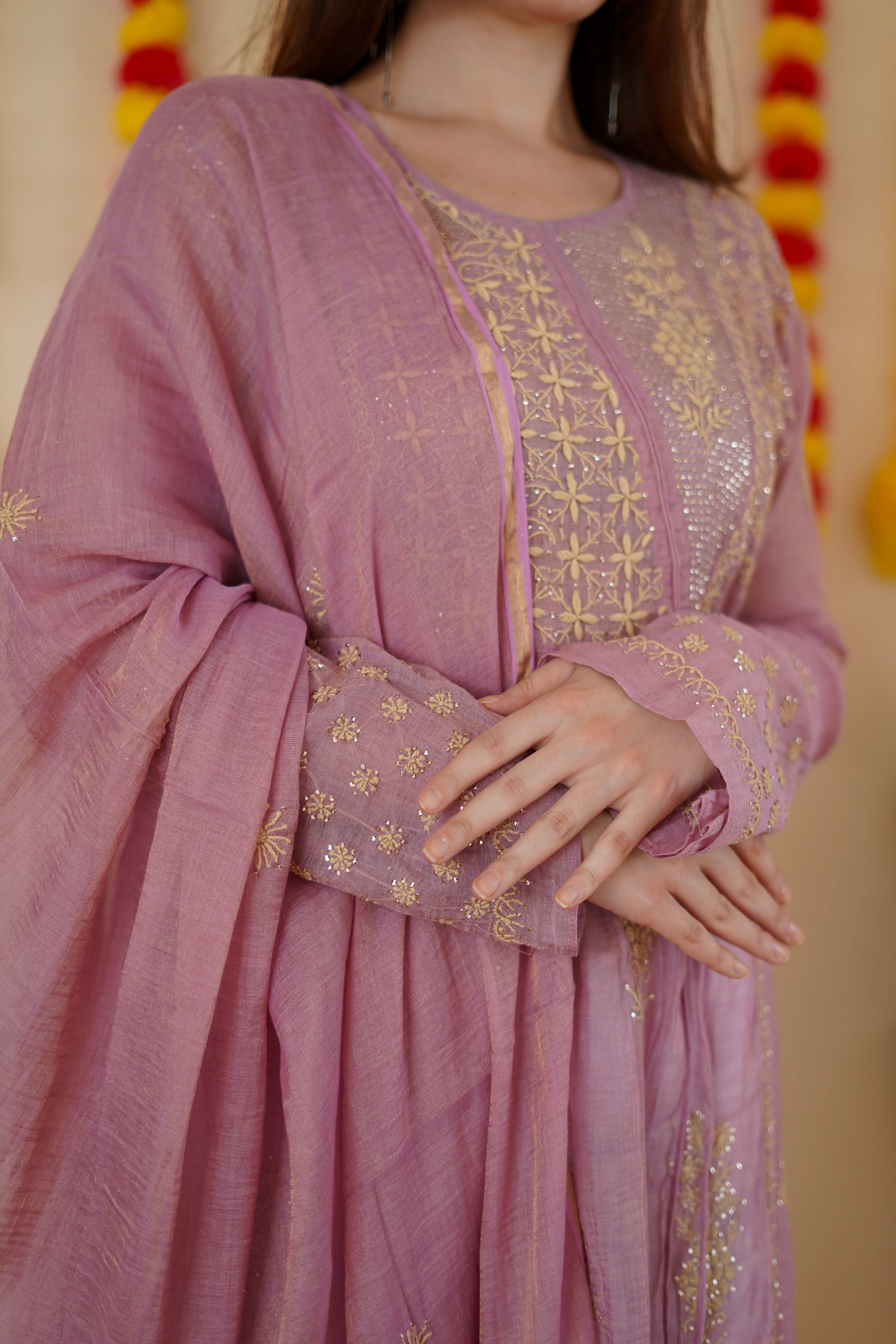 Arsh Handcrafted Angarkha and Dupatta Semi Stitched set with golden muqaish embroidery - Image 3