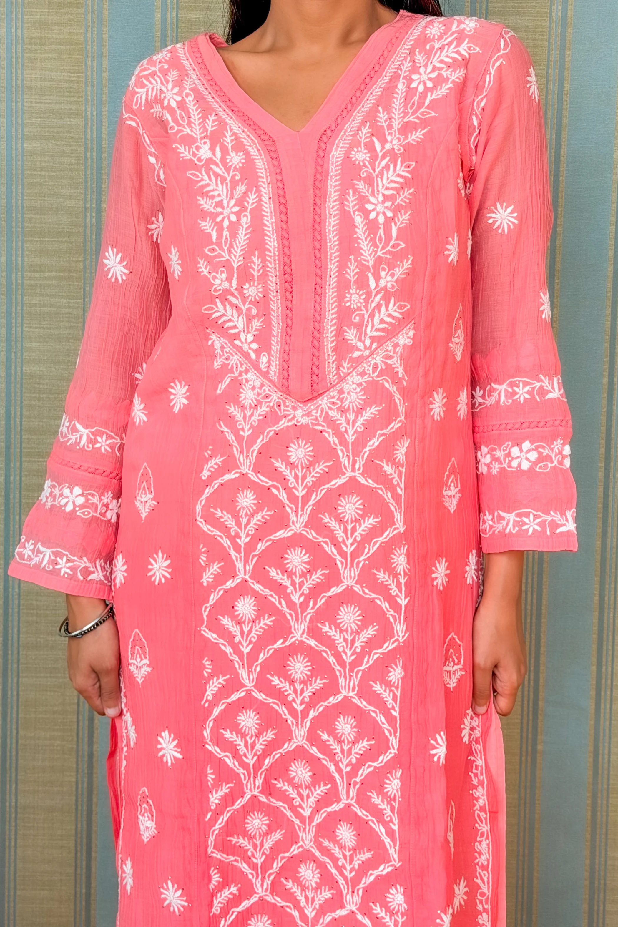 Arsh Handcrafted Kurti, Pant and Dupatta 3 pc Mul Chanderi Chikan Set - Image 2