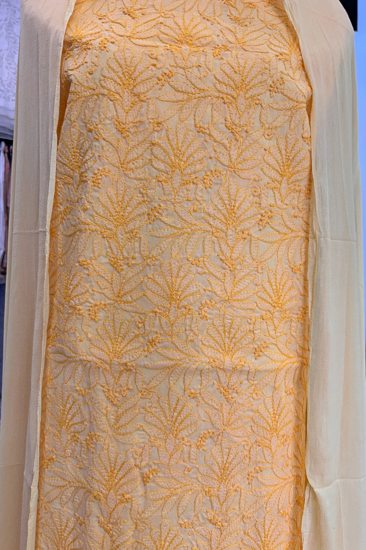 Arsh Handcrafted Mango Yellow Cotton Unstitched Chikankari 3pc Suit - Image 5