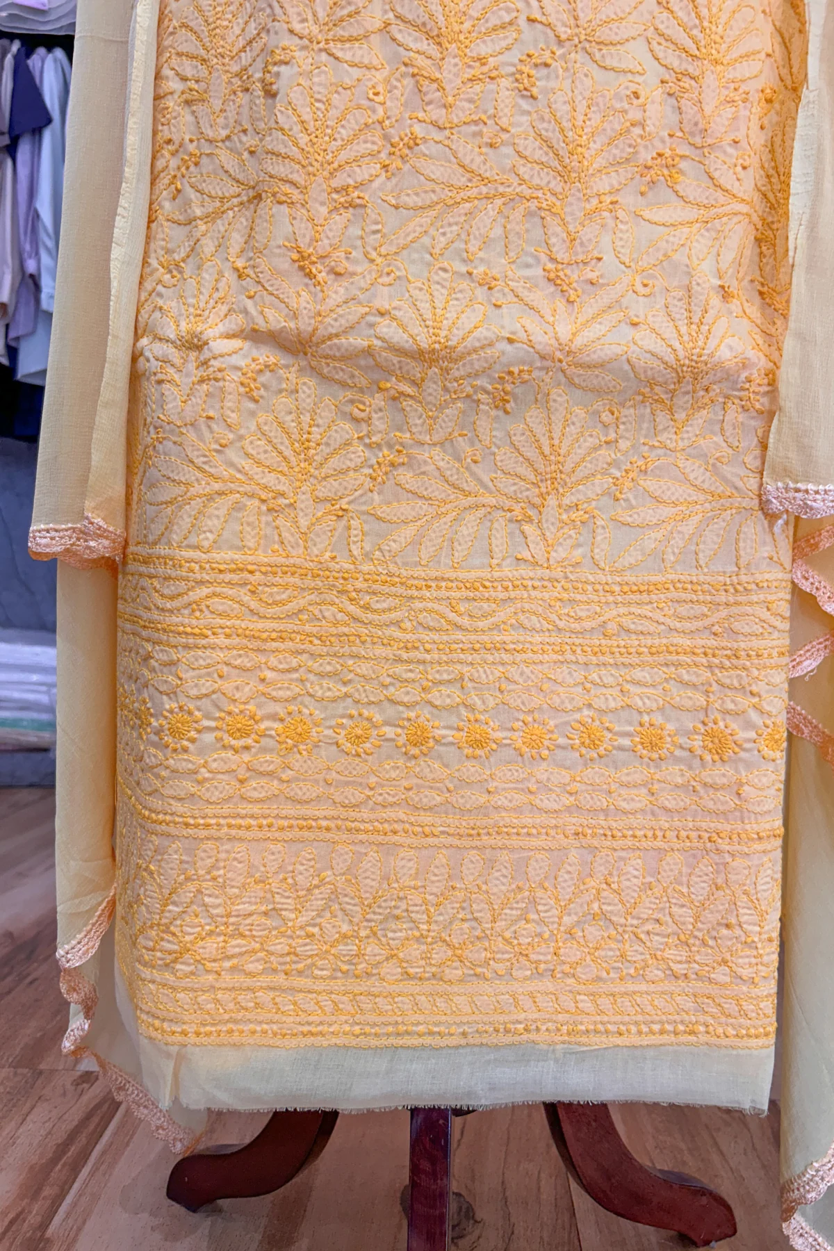 Arsh Handcrafted Mango Yellow Cotton Unstitched Chikankari 3pc Suit - Image 6