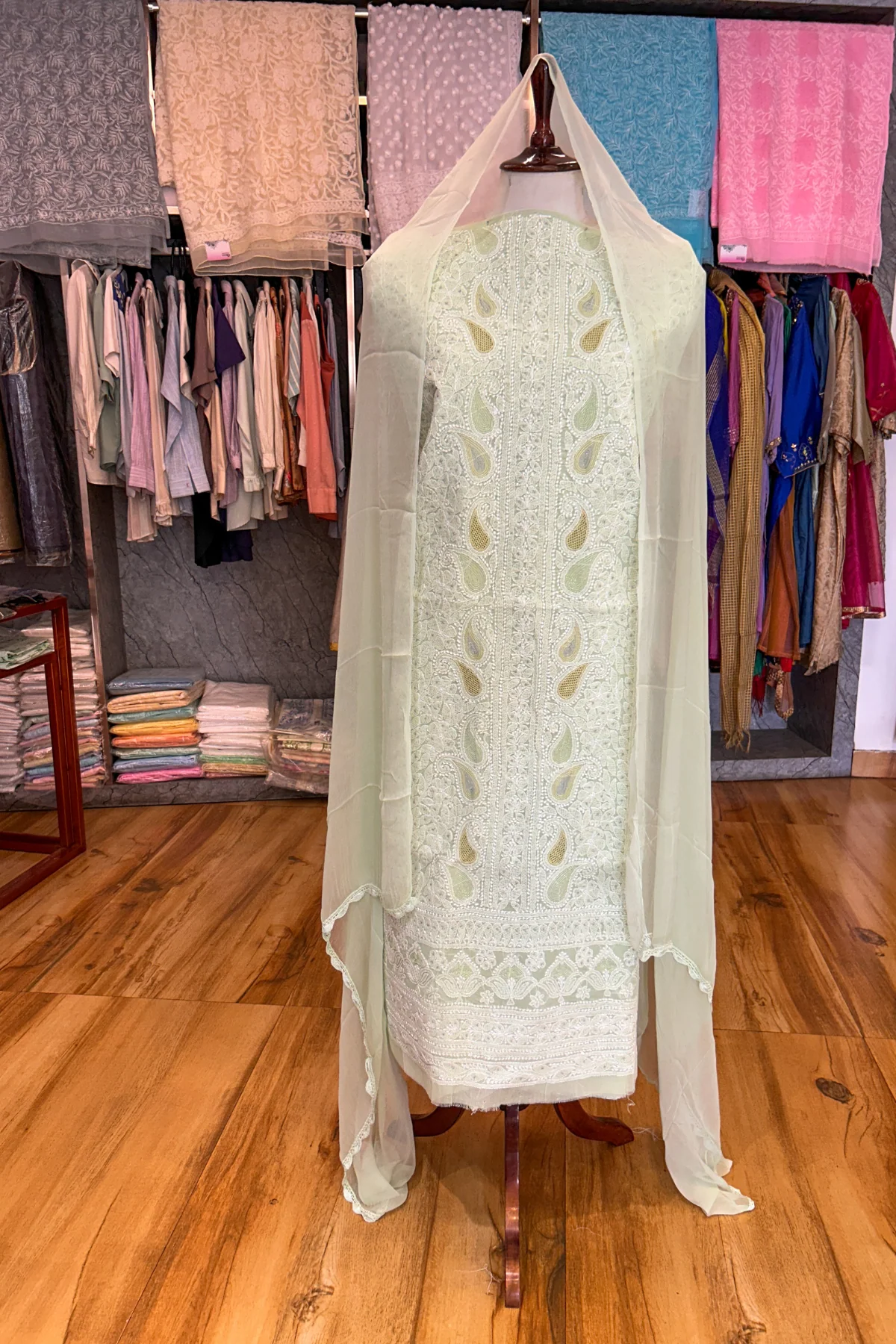 Arsh Handcrafted Pista Green Cotton Unstitched Chikankari 3pc Suit Set