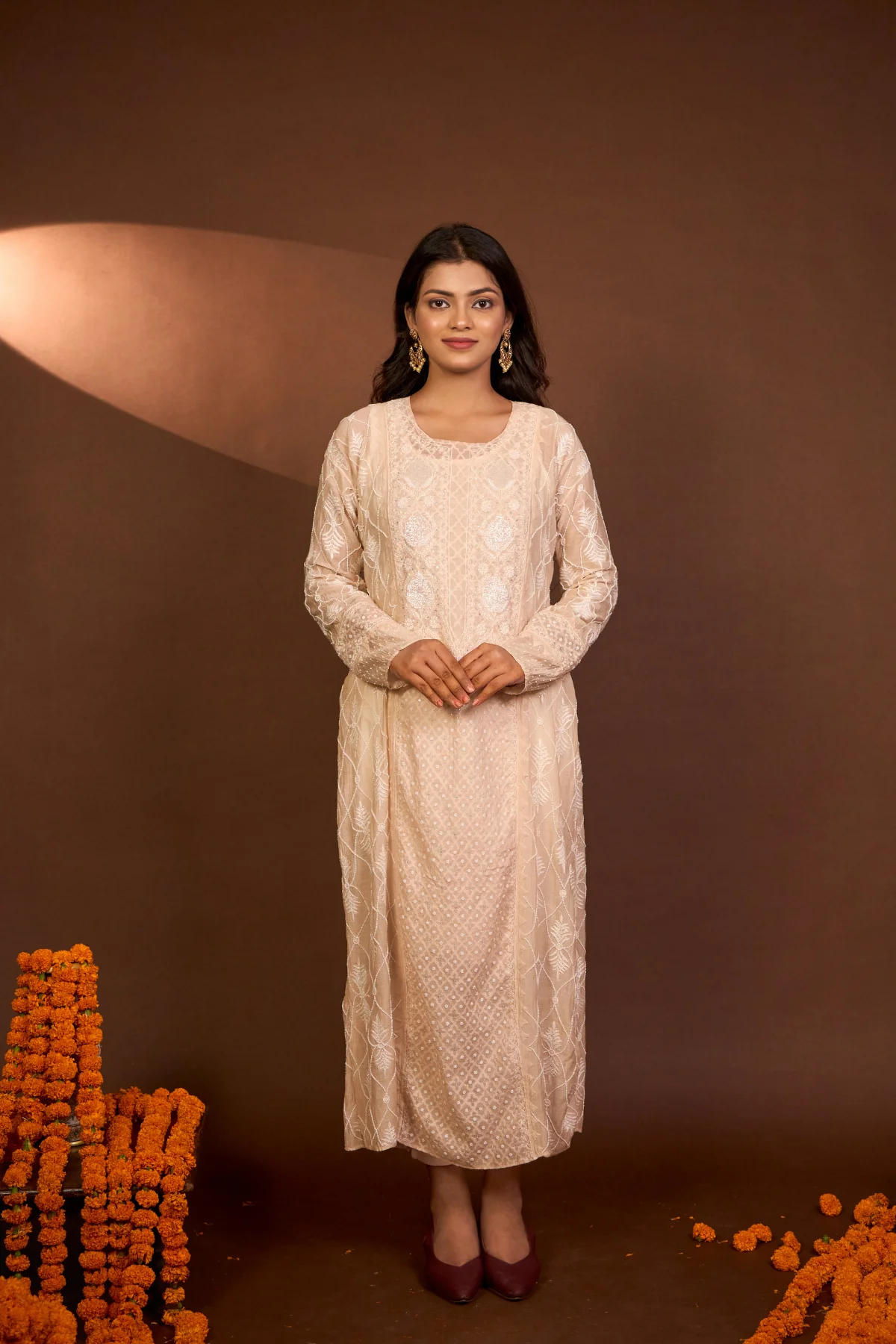 Arsh Handcrafted Mul Chanderi Beige Kurti and Dupatta Semi Stitched Set - Image 2
