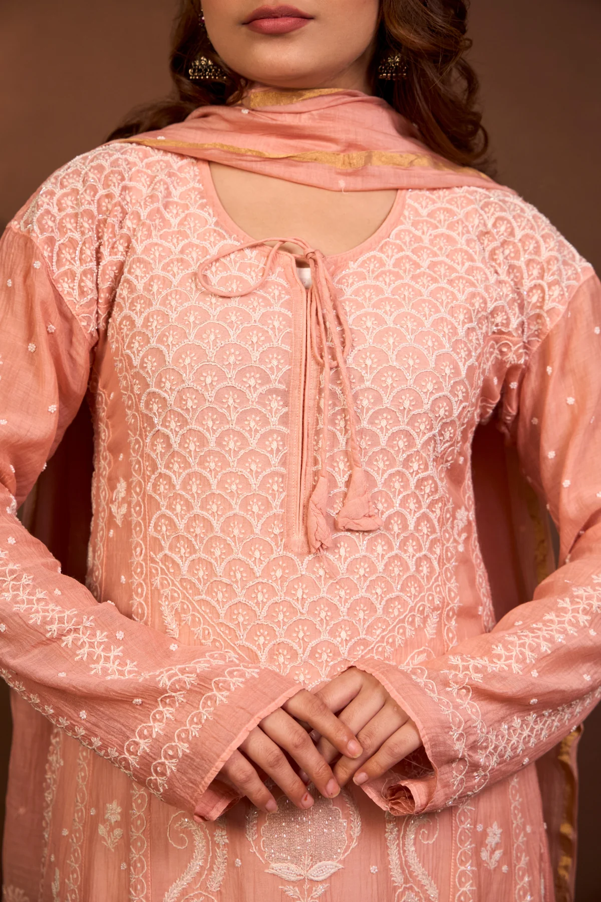 Arsh Handcrafted Mul Chanderi Peach Kalidar Kurti and Dupatta Semi Stitched Set - Image 3