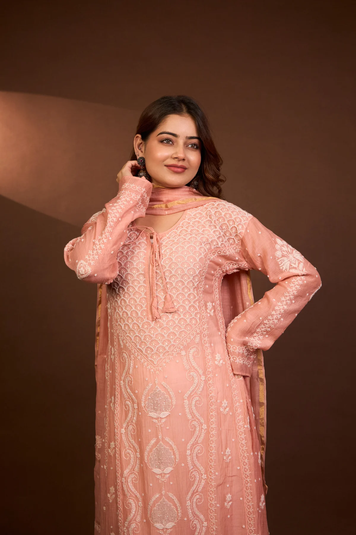 Arsh Handcrafted Mul Chanderi Peach Kalidar Kurti and Dupatta Semi Stitched Set - Image 4