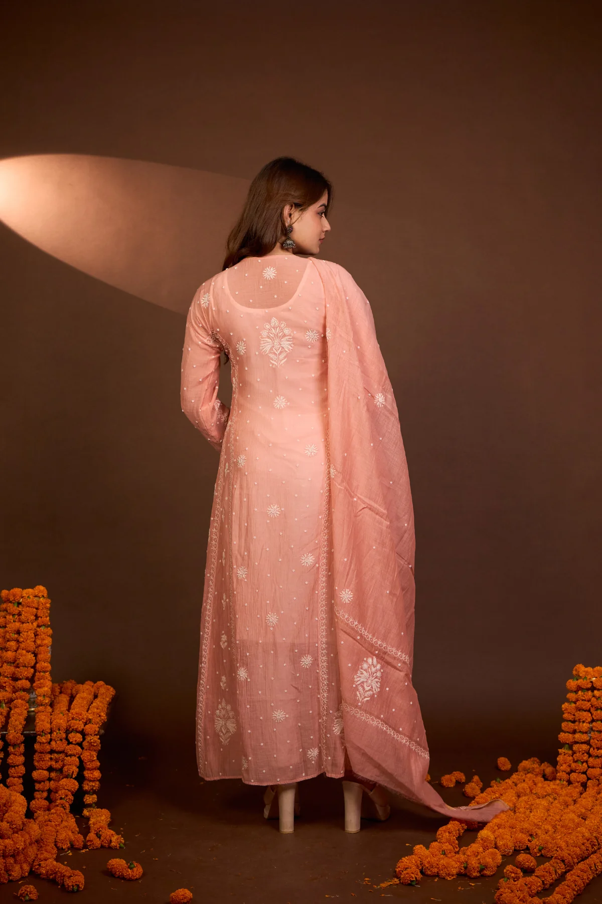 Arsh Handcrafted Mul Chanderi Peach Kalidar Kurti and Dupatta Semi Stitched Set - Image 7