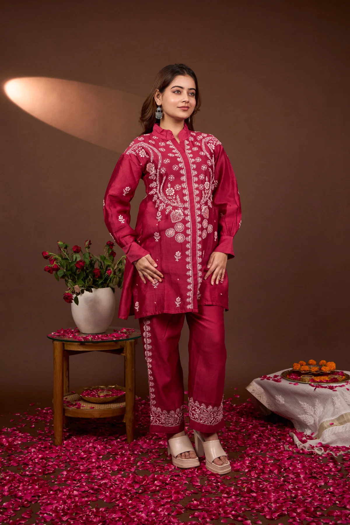 Arsh Handcrafted Chanderi Silk Red Colour Chikankari Semi Stiched Coord Set - Image 2
