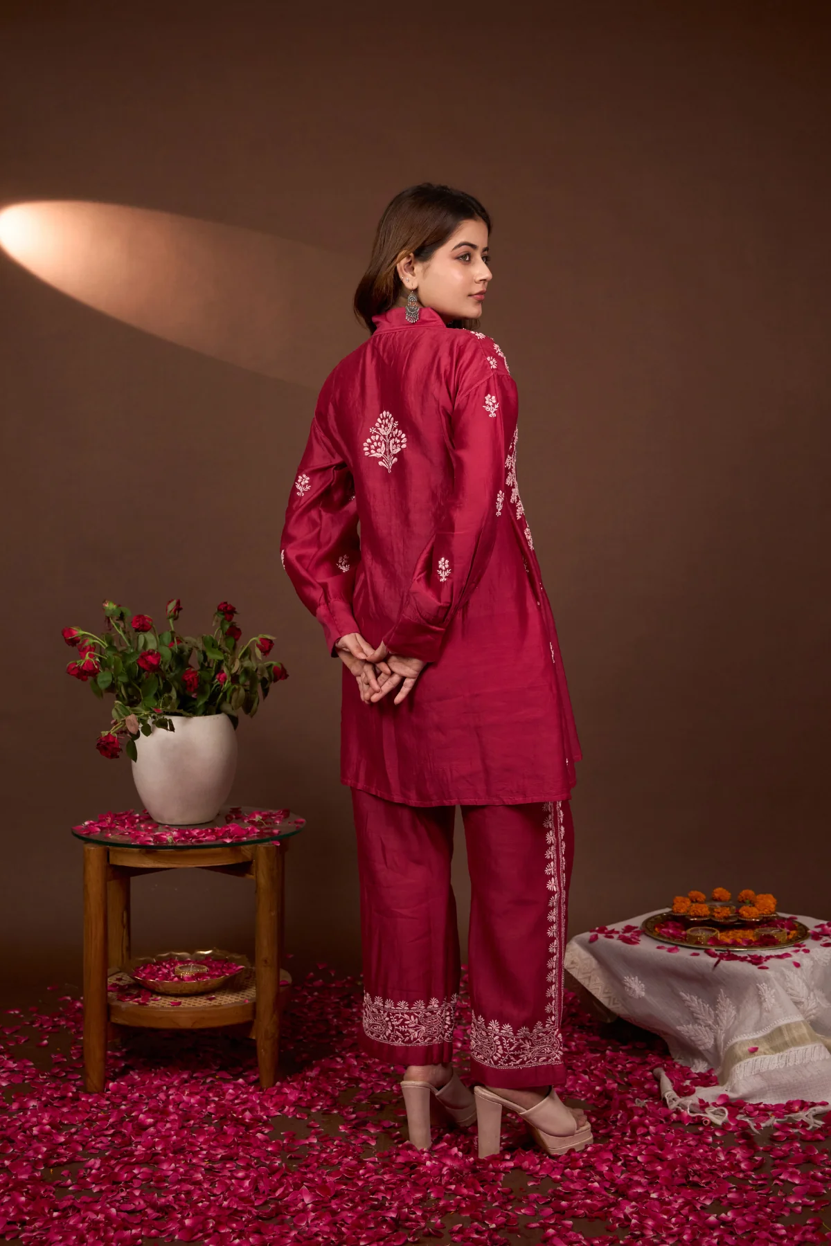 Arsh Handcrafted Chanderi Silk Red Colour Chikankari Semi Stiched Coord Set - Image 3