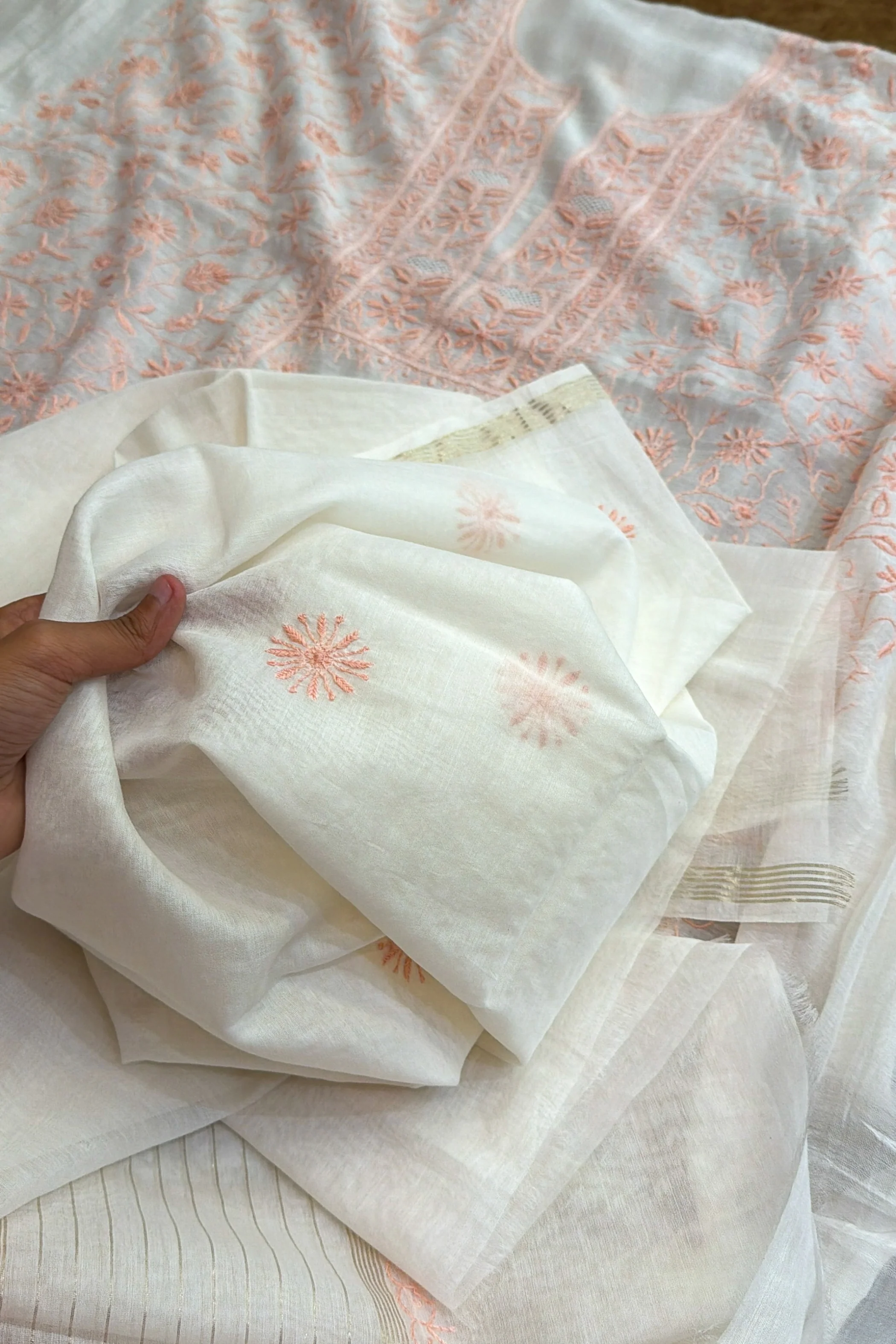 Arsh Handcrafted Mul Chanderi Unstitched Chikankari Kurti and Dupatta set - Image 9