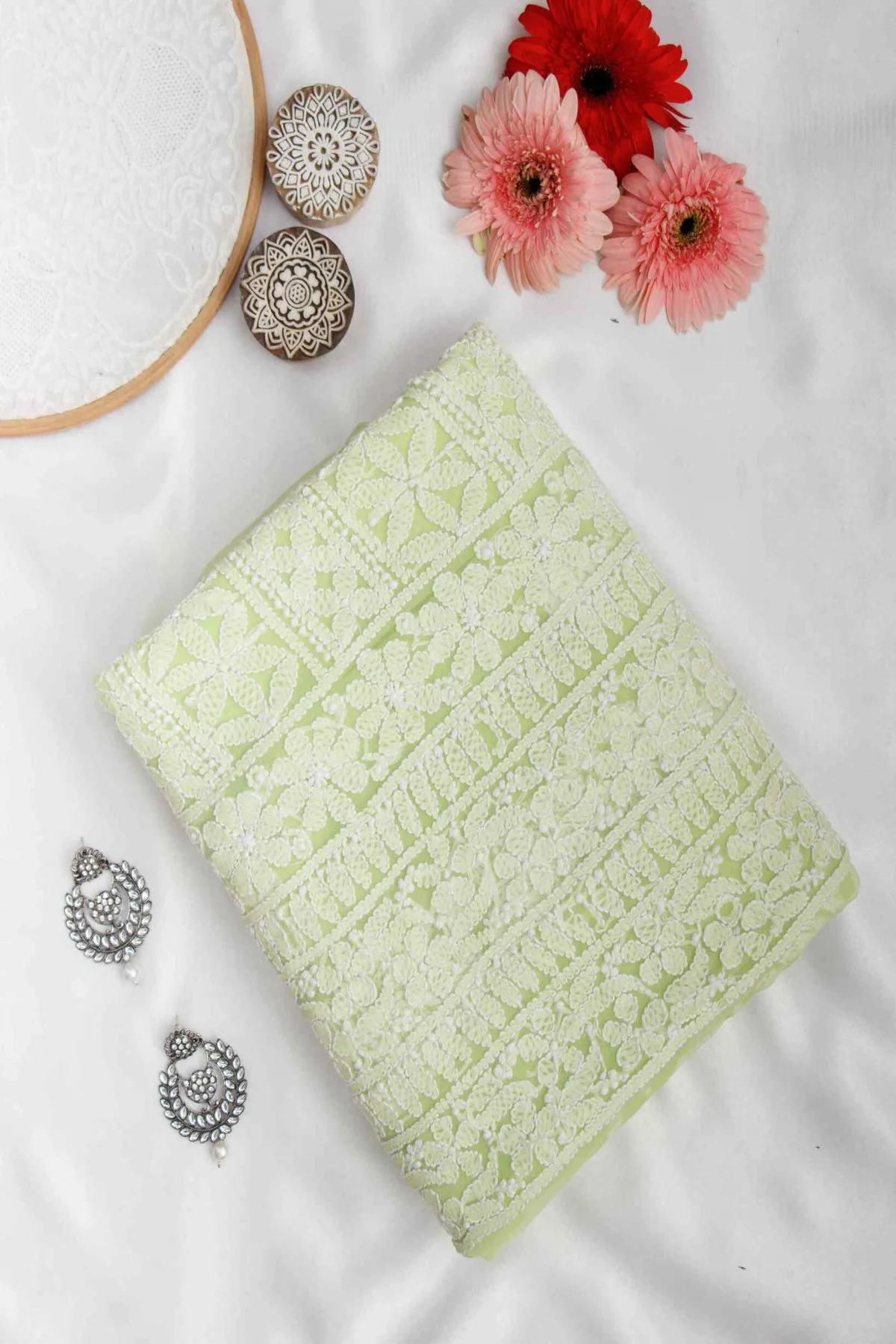 Arsh Handcrafted Neon Green Georgette Unstitched Chikankari 3pc Suit Set - Image 3