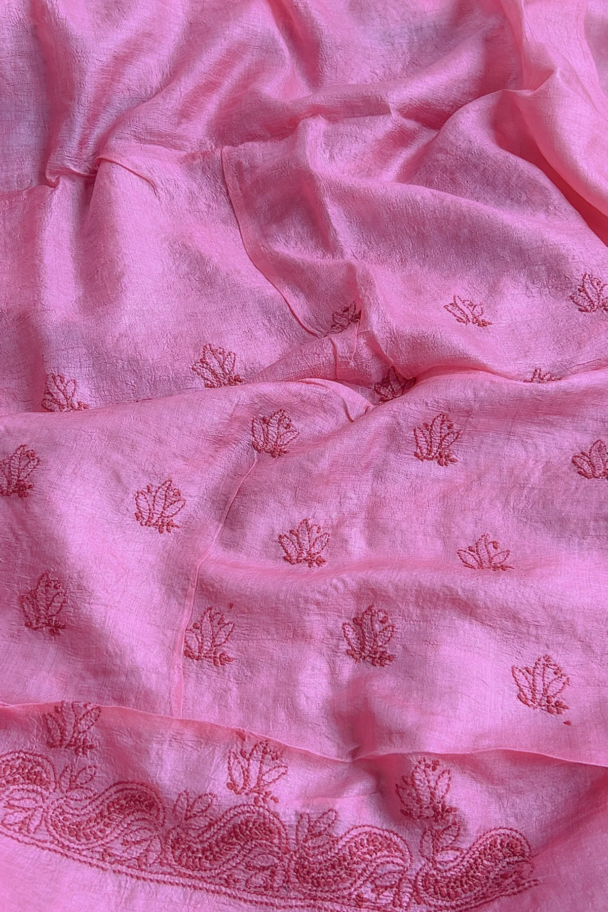 Arsh Handcrafted Pink Pure Silk Unstitched Chikankari 3pc Suit Set - Image 6