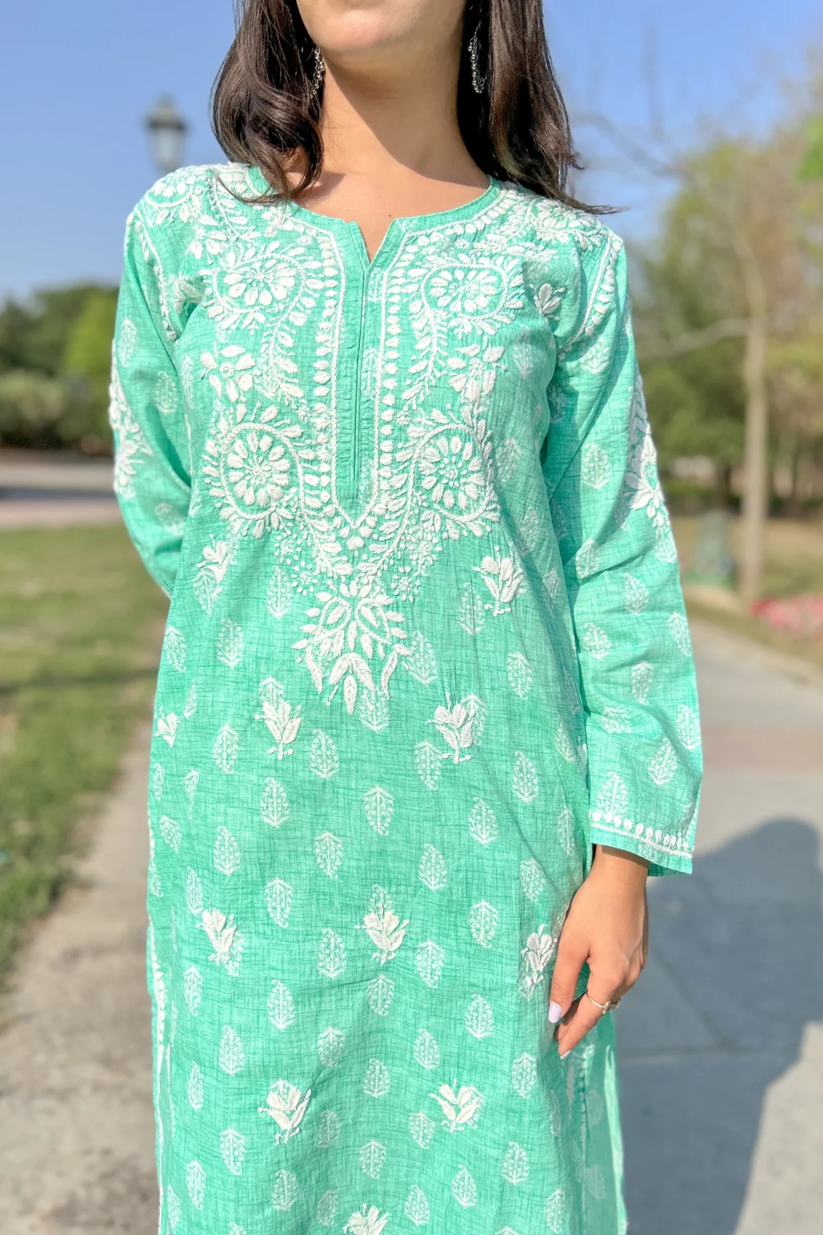 Arsh Handcrafted Printed Mul Cotton Sea Green Cotton Kurti - Image 2
