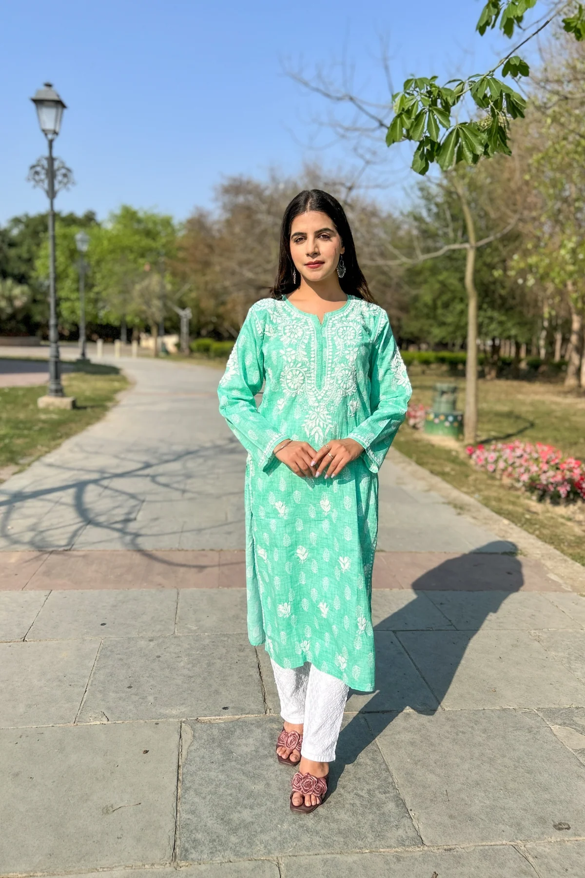 Arsh Handcrafted Printed Mul Cotton Sea Green Cotton Kurti - Image 3