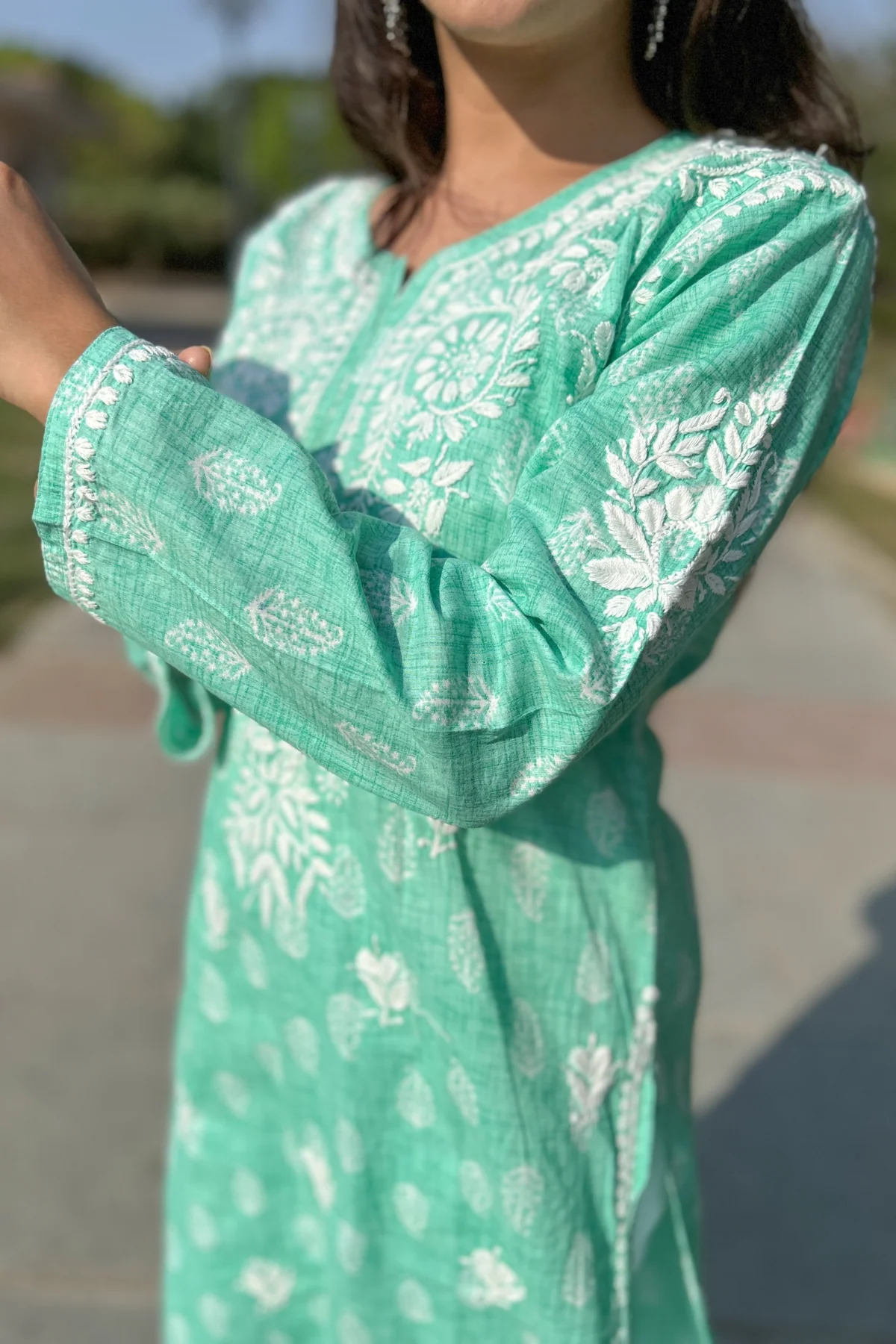 Arsh Handcrafted Printed Mul Cotton Sea Green Cotton Kurti - Image 4
