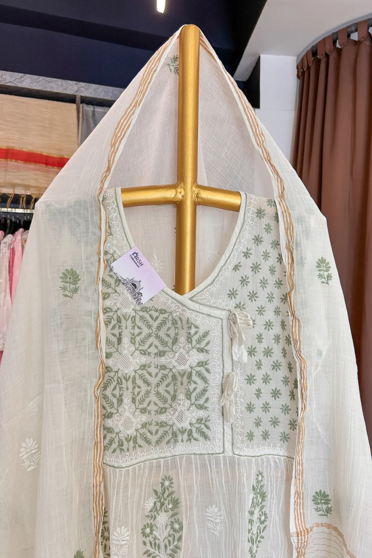 Arsh Handcrafted Pure Mul Chanderi Angarkha Kurti and Dupatta Stitched Set - Image 3