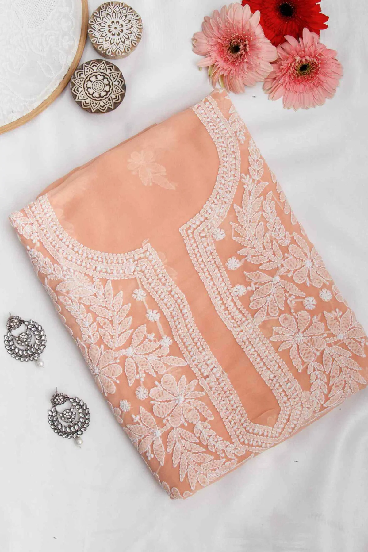 Arsh Handcrafted Salmon Orange Georgette Unstitched Chikankari 3pc Suit