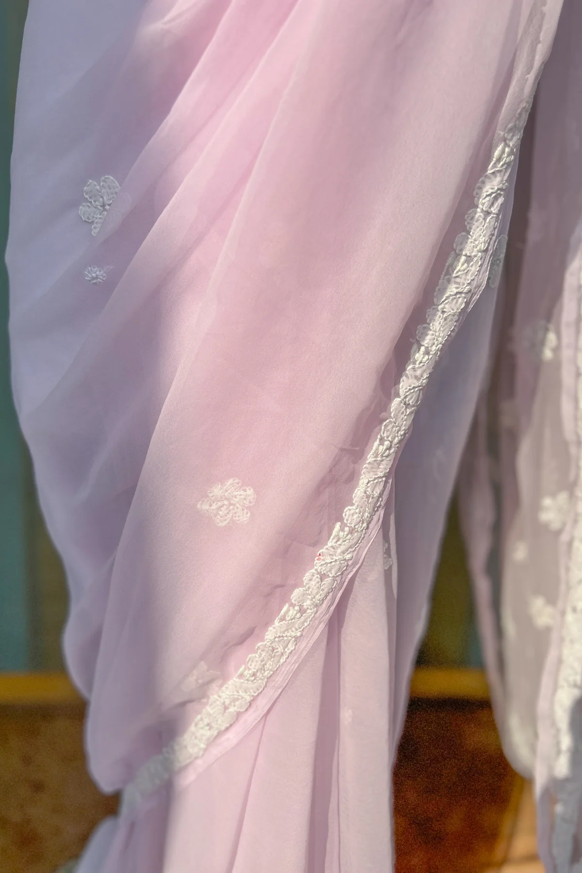 Arsh Handcrafted Semi Georgette Heavy Palla Pink Chikan Embroidered Saree - Image 9