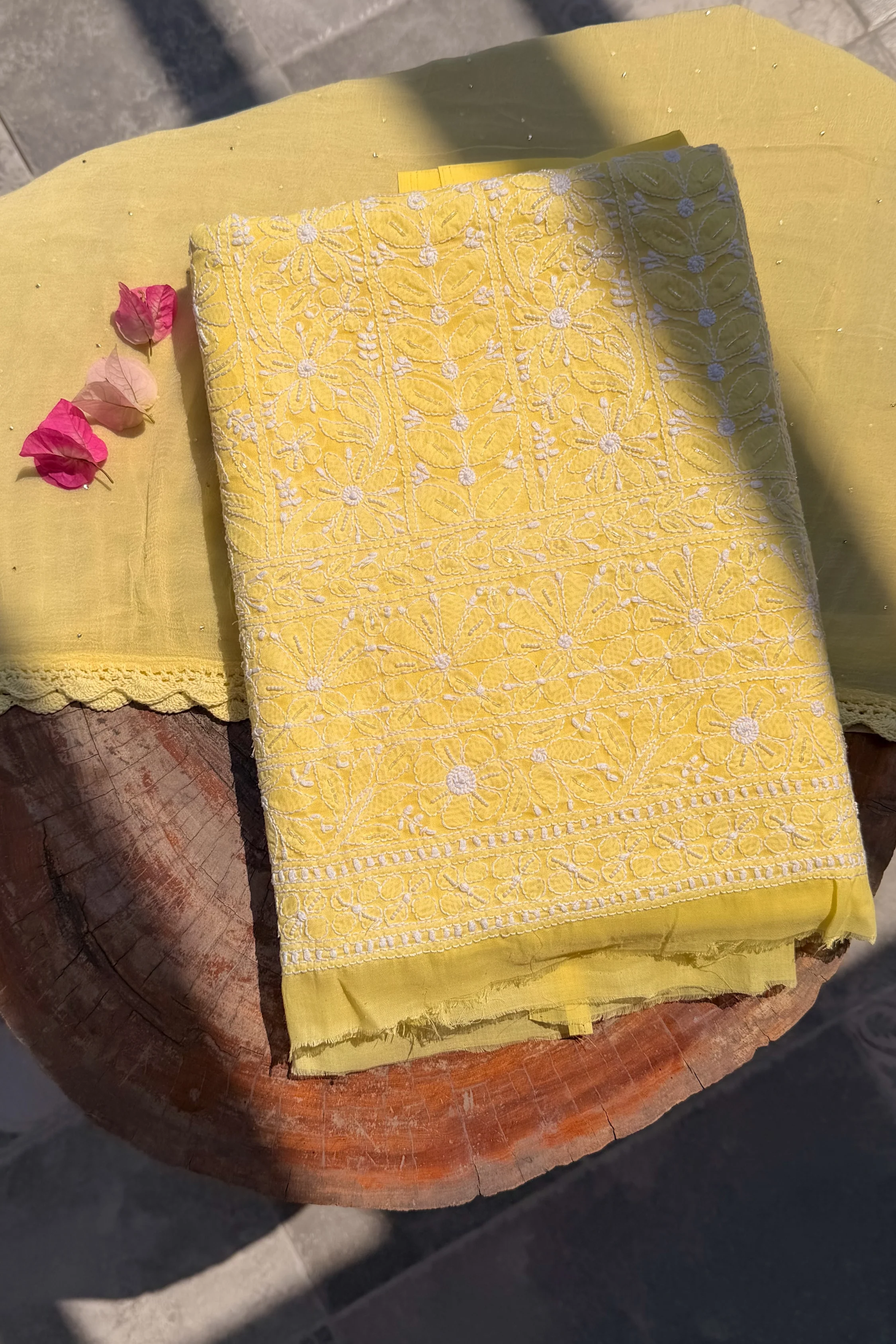 Arsh Handcrafted Yellow Cotton Unstitched Chikankari 3pc Suit