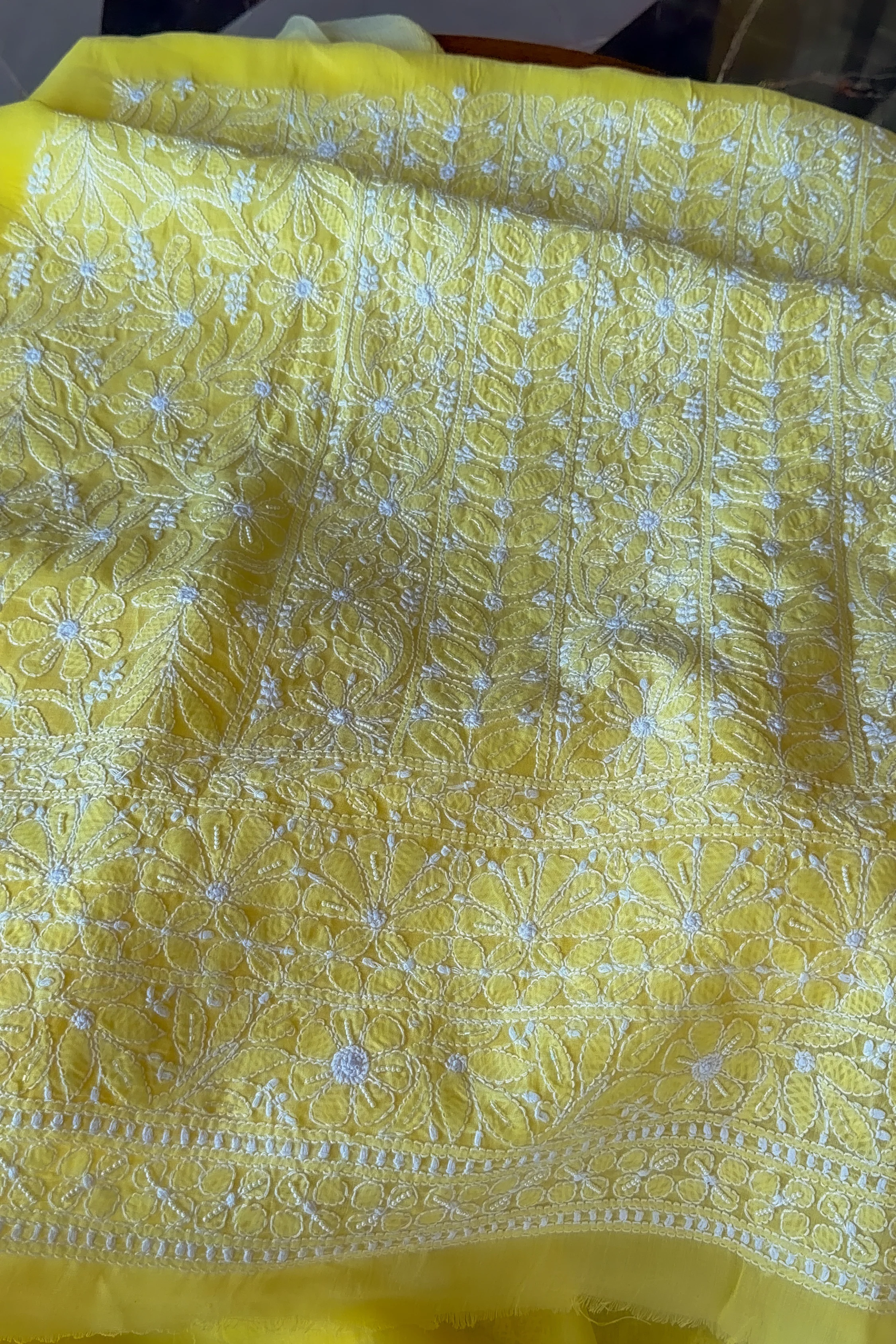 Arsh Handcrafted Yellow Cotton Unstitched Chikankari 3pc Suit - Image 2