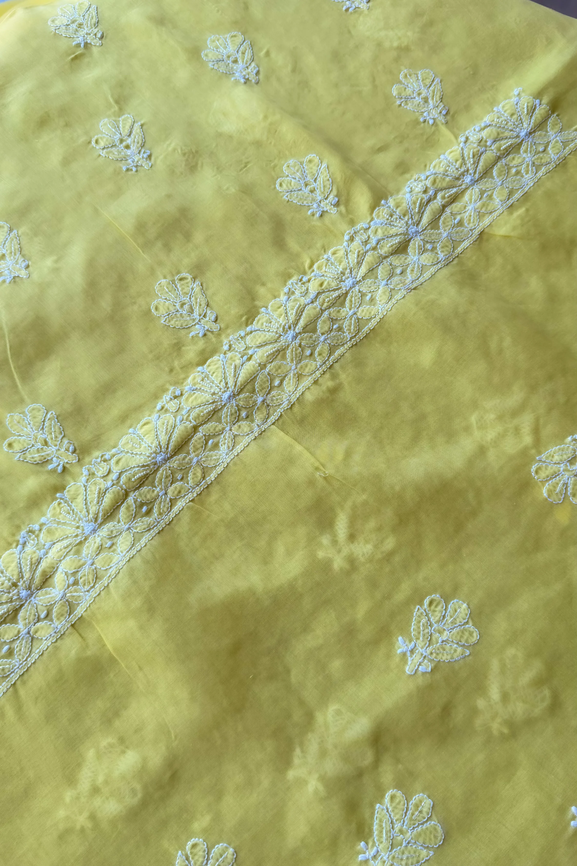 Arsh Handcrafted Yellow Cotton Unstitched Chikankari 3pc Suit - Image 5