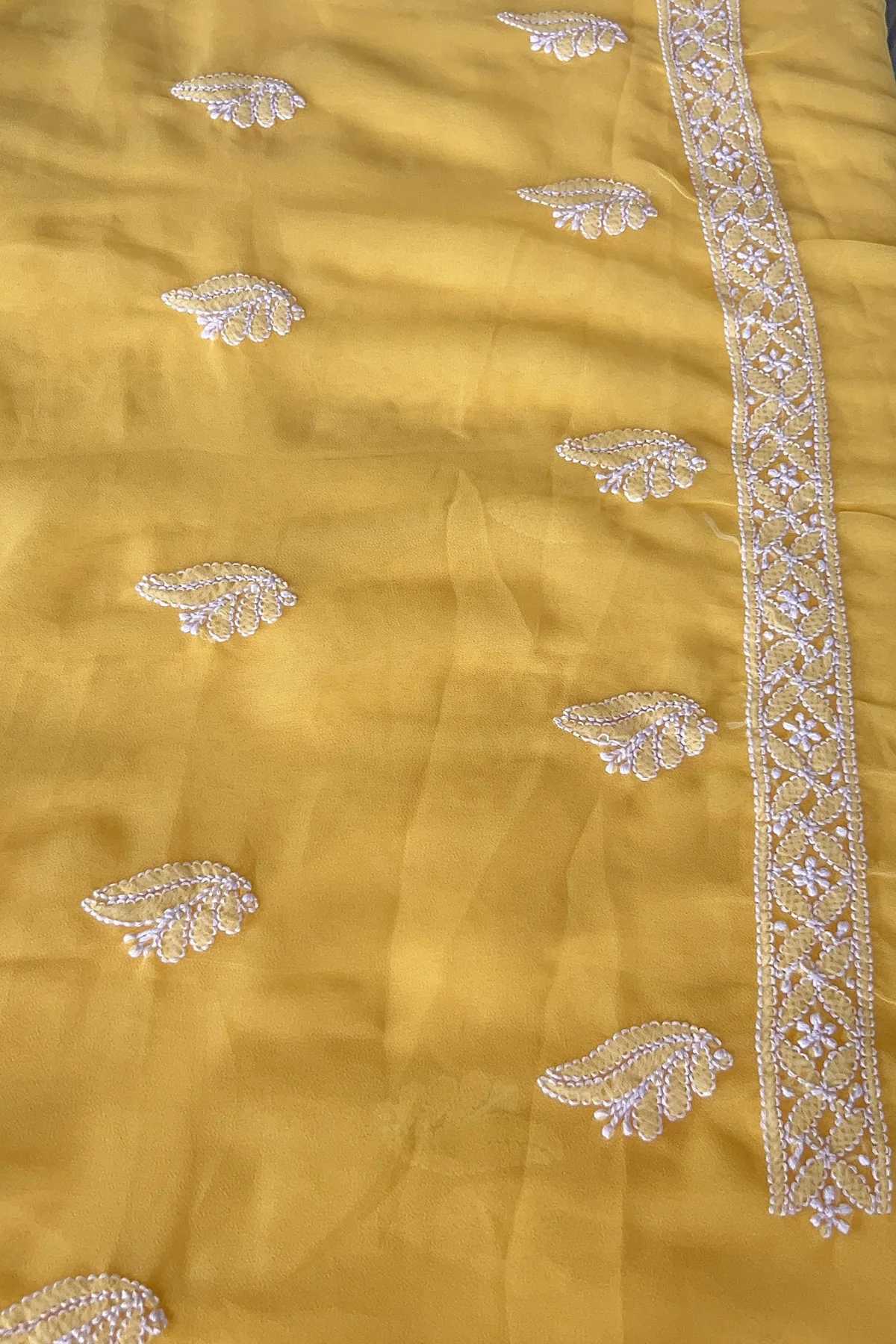 Arsh Handcrafted Yellow Georgette Unstitched Chikankari 3pc Suit Set - Image 3