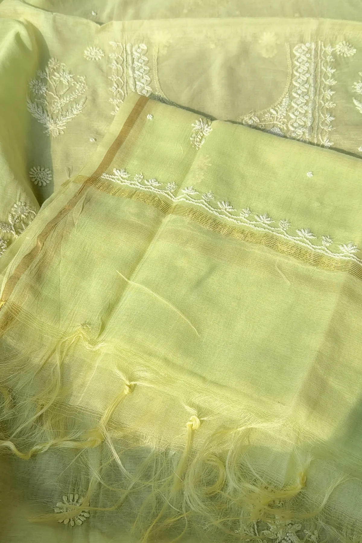 Arsh Handmade Mul Chanderi Unstitched Chikankari Kurti and Dupatta set - Image 4