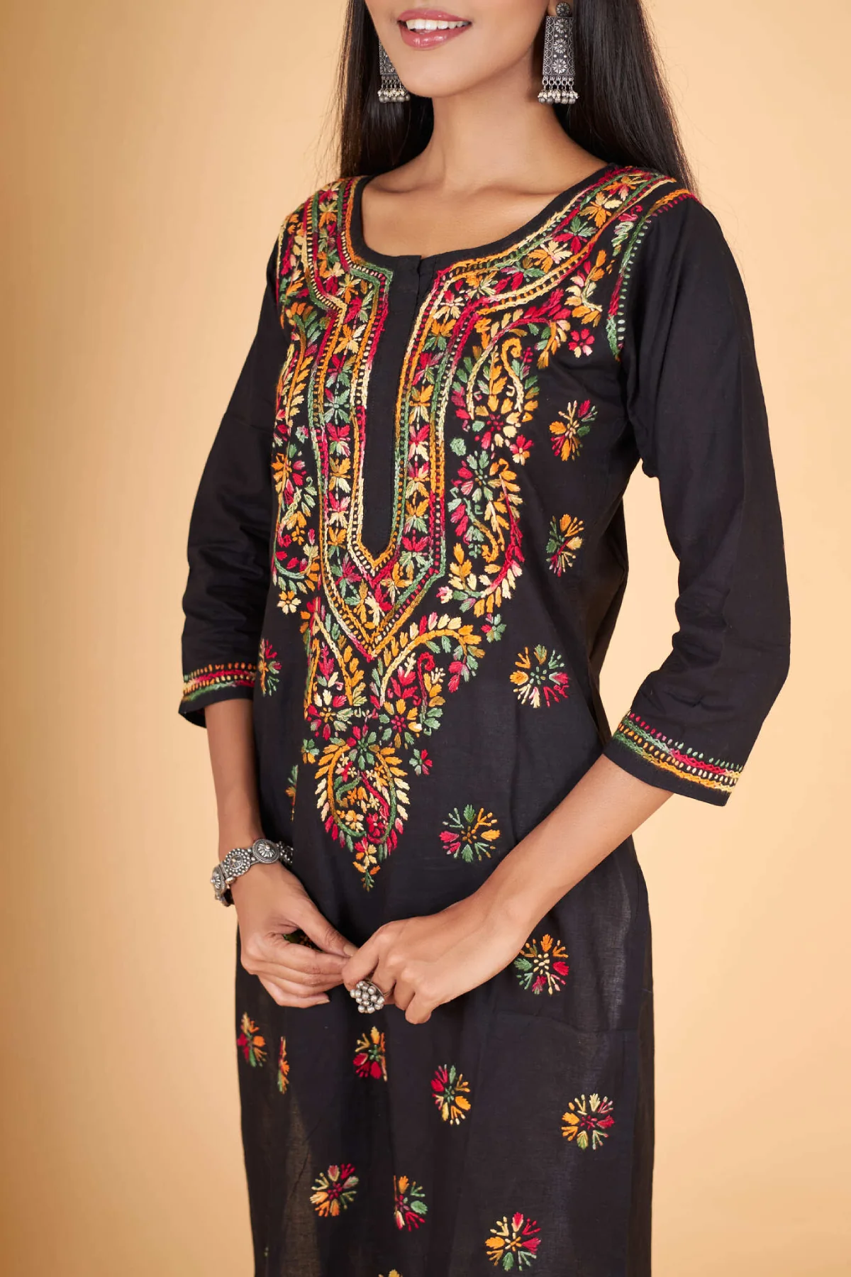 Arsh Handcrafted Multi on Black Pure Cotton Kurti - Image 2
