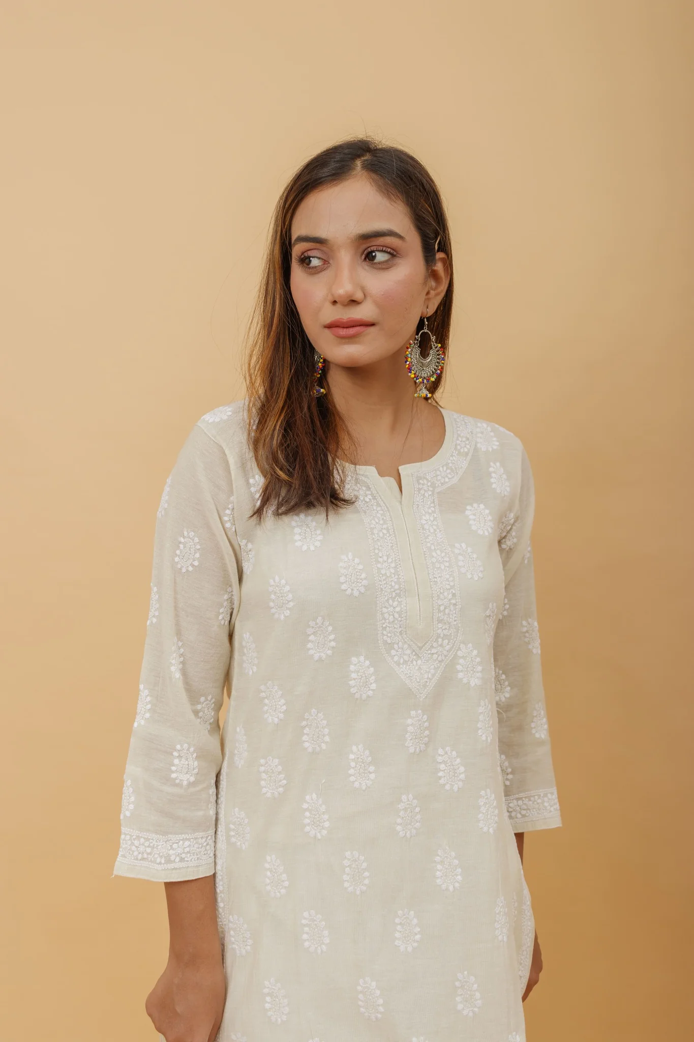 Arsh Handcrafted Tissue Chanderi Chikankari Kurti - Image 3