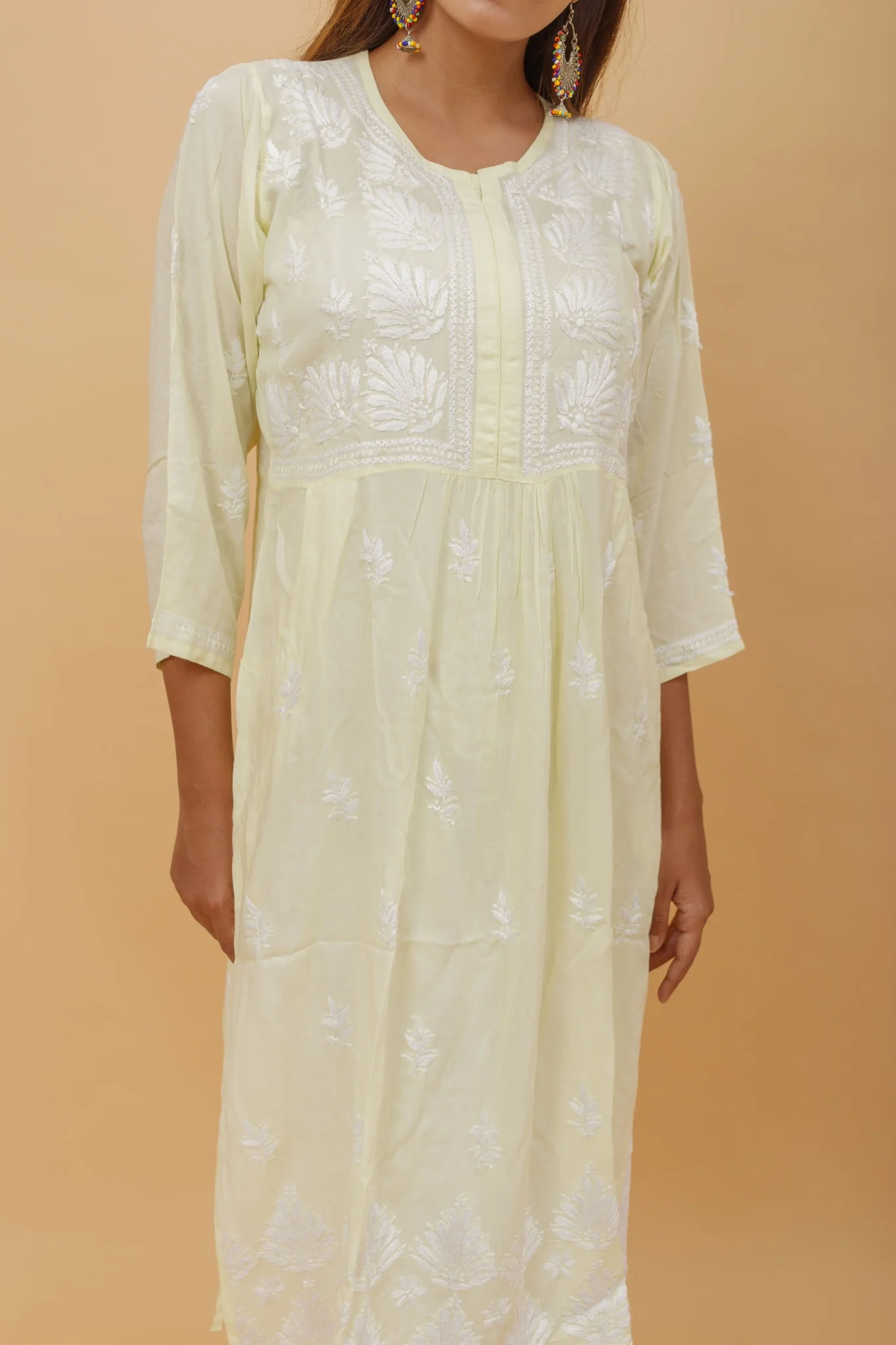 Arsh Handcrafted Lemon Green Modal Chikankari Front Pocket Gown Dress - Image 4