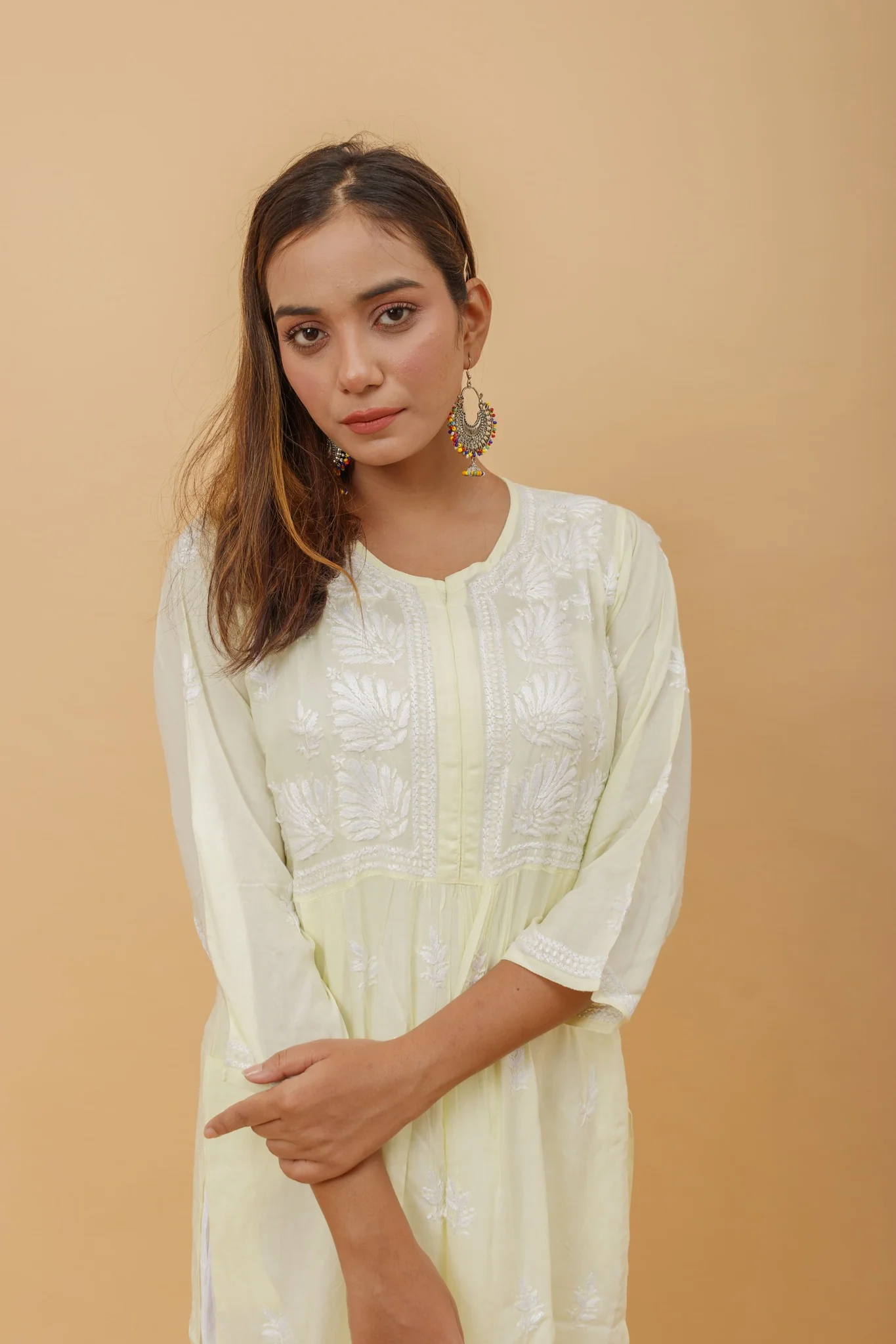 Arsh Handcrafted Lemon Green Modal Chikankari Front Pocket Gown Dress - Image 5