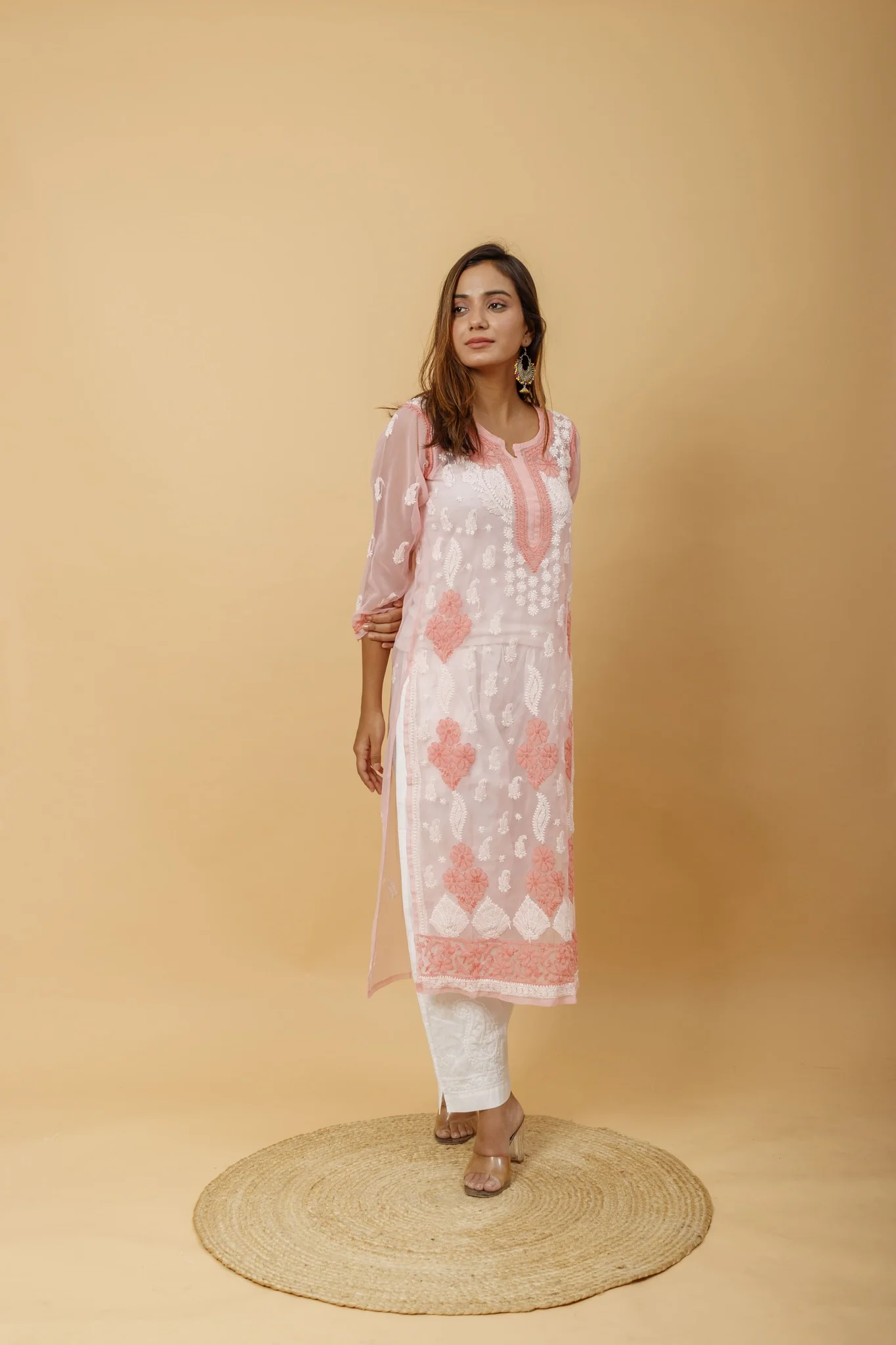 Arsh Handcrafted Peach Semi Georgette Chikan Kurti - Image 4