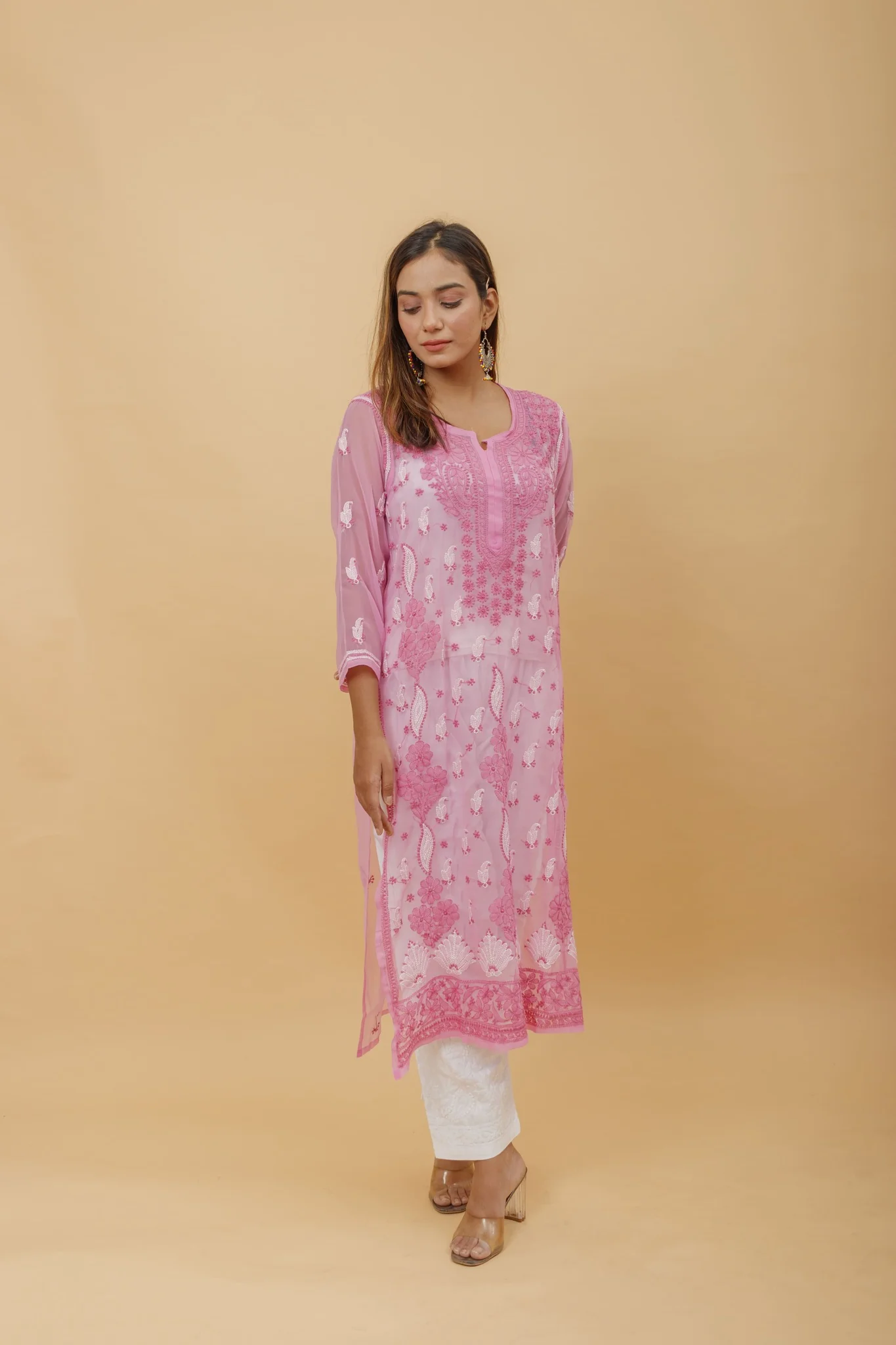 Arsh Handcrafted Pink Semi Georgette Chikan Kurti - Image 5