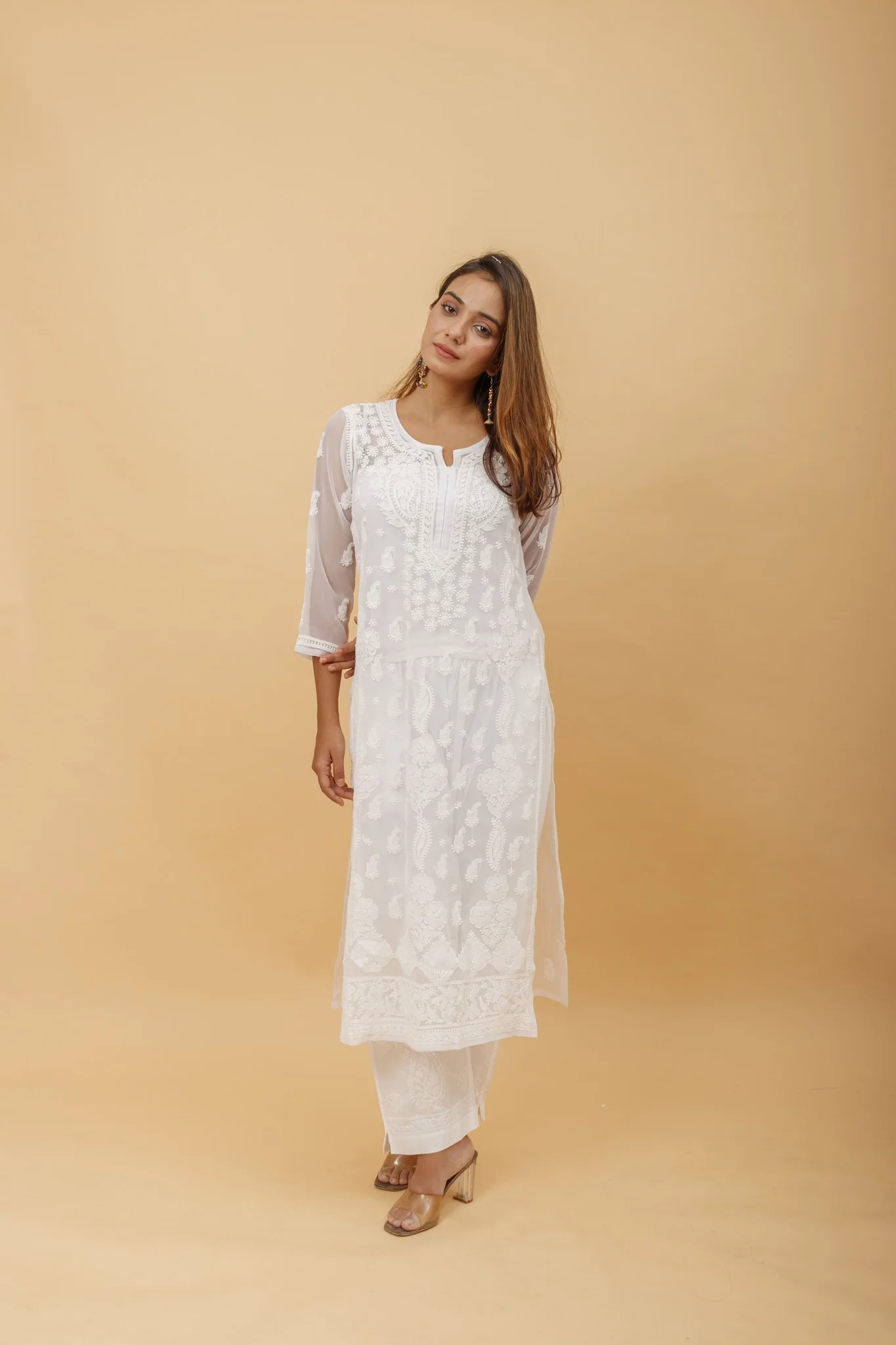 Arsh Handcrafted White Semi Georgette Chikan Kurti - Image 5