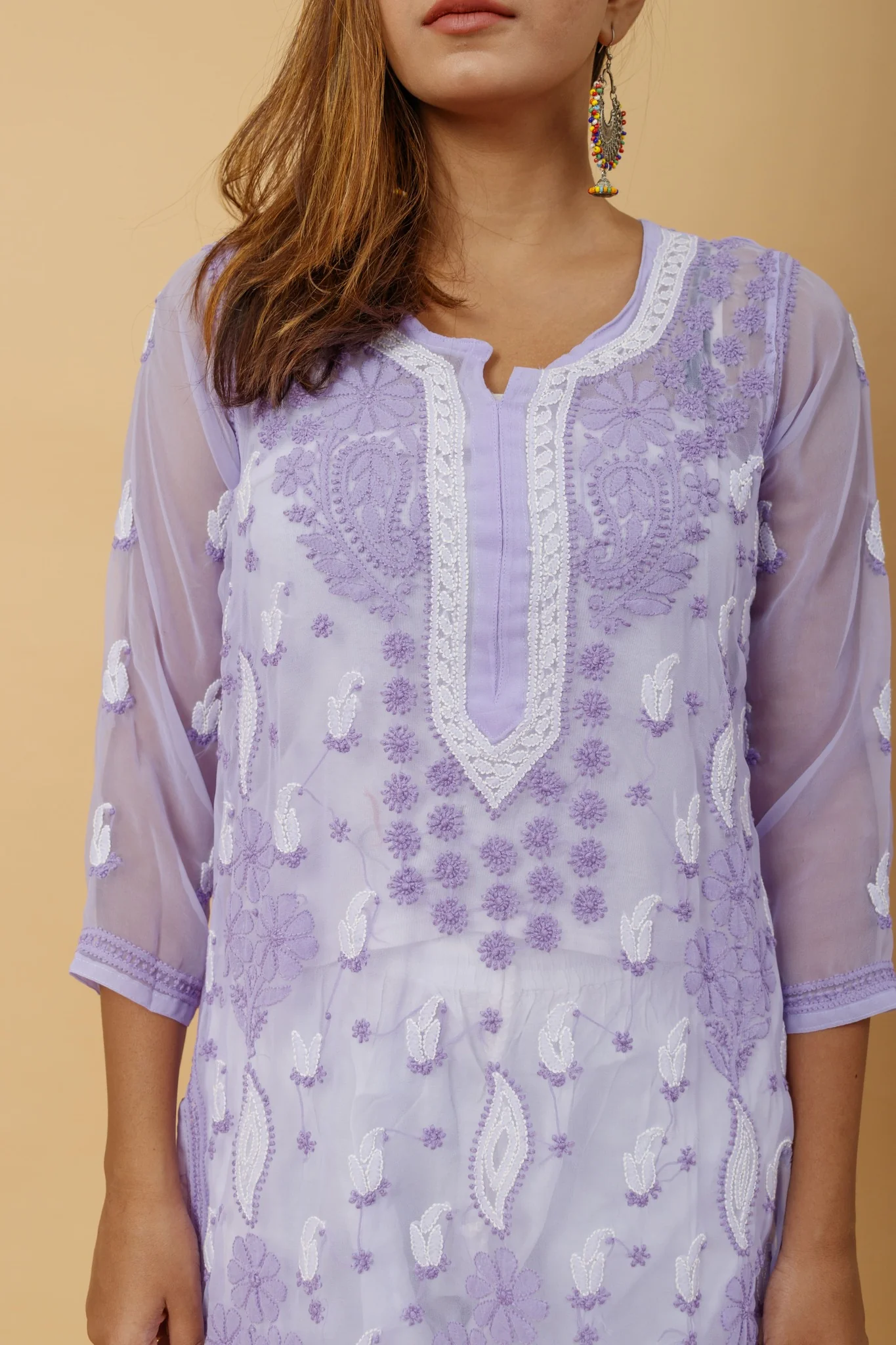 Arsh Handcrafted Purple Semi Georgette Chikan Kurti - Image 4