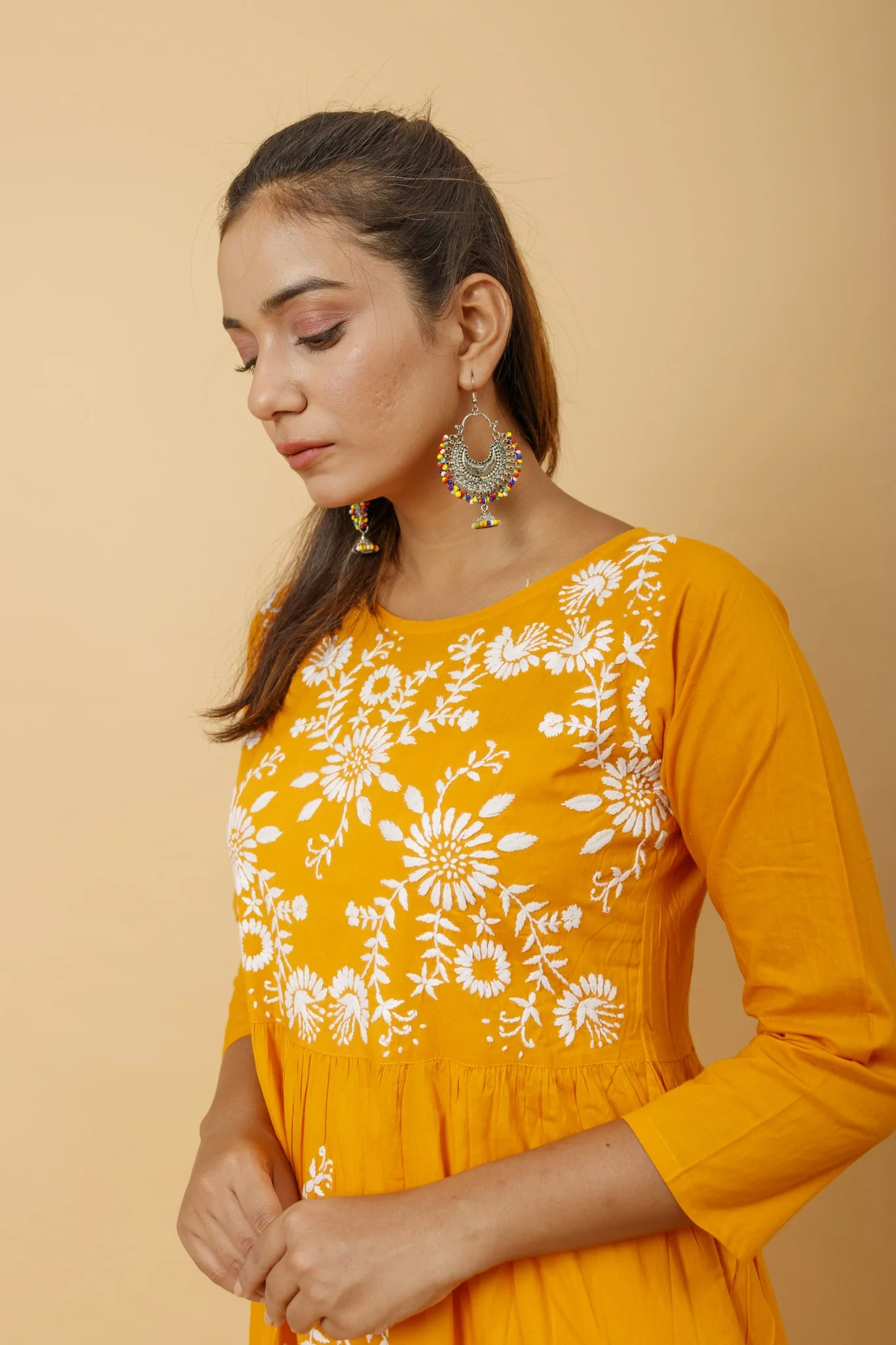 Arsh Handcrafted Mustard Yellow Umbrella Pure Cotton Chikan Dress - Image 3