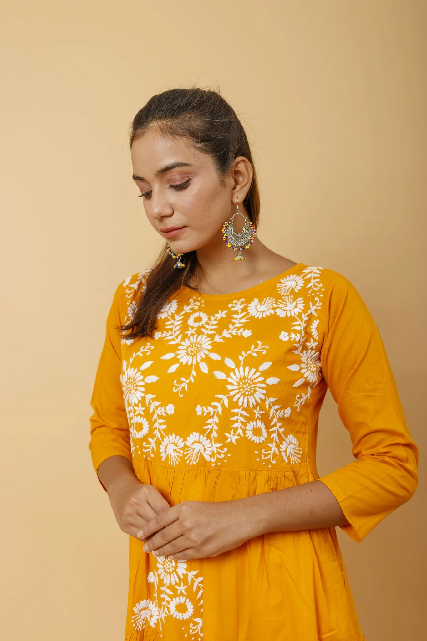 Arsh Handcrafted Mustard Yellow Umbrella Pure Cotton Chikan Dress - Image 4