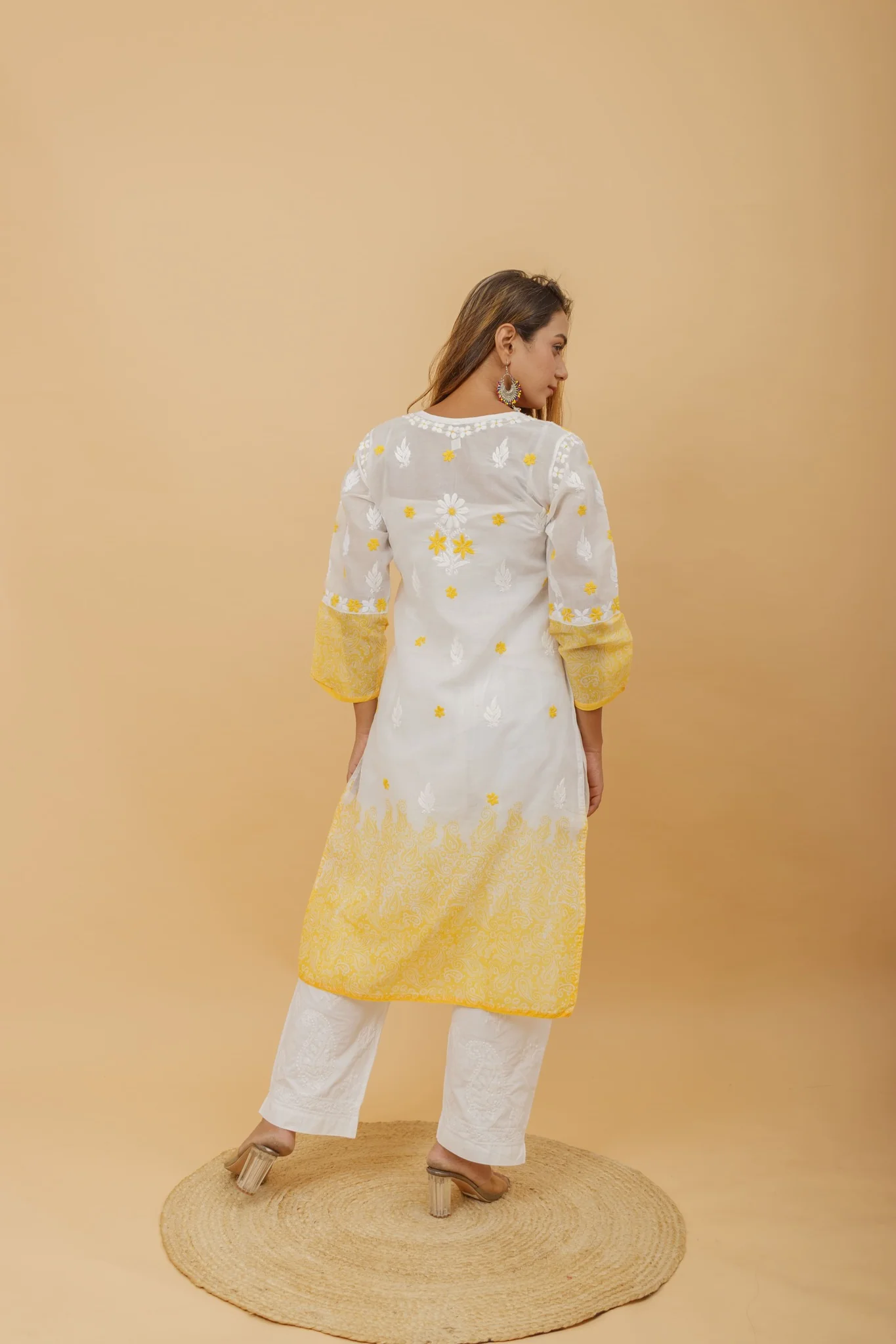 Arsh Handcrafted White and Yellow Pure Cotton Chikankari Kairi Printed Kurti - Image 5
