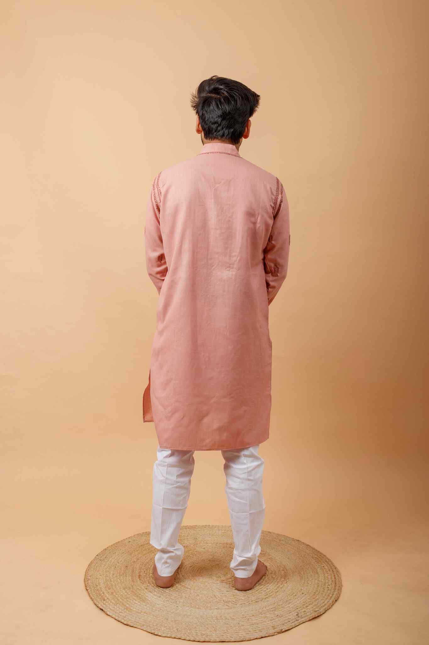 Arsh Handcrafted Peach Gala Booti Pure Cotton Men's Kurta - Image 2