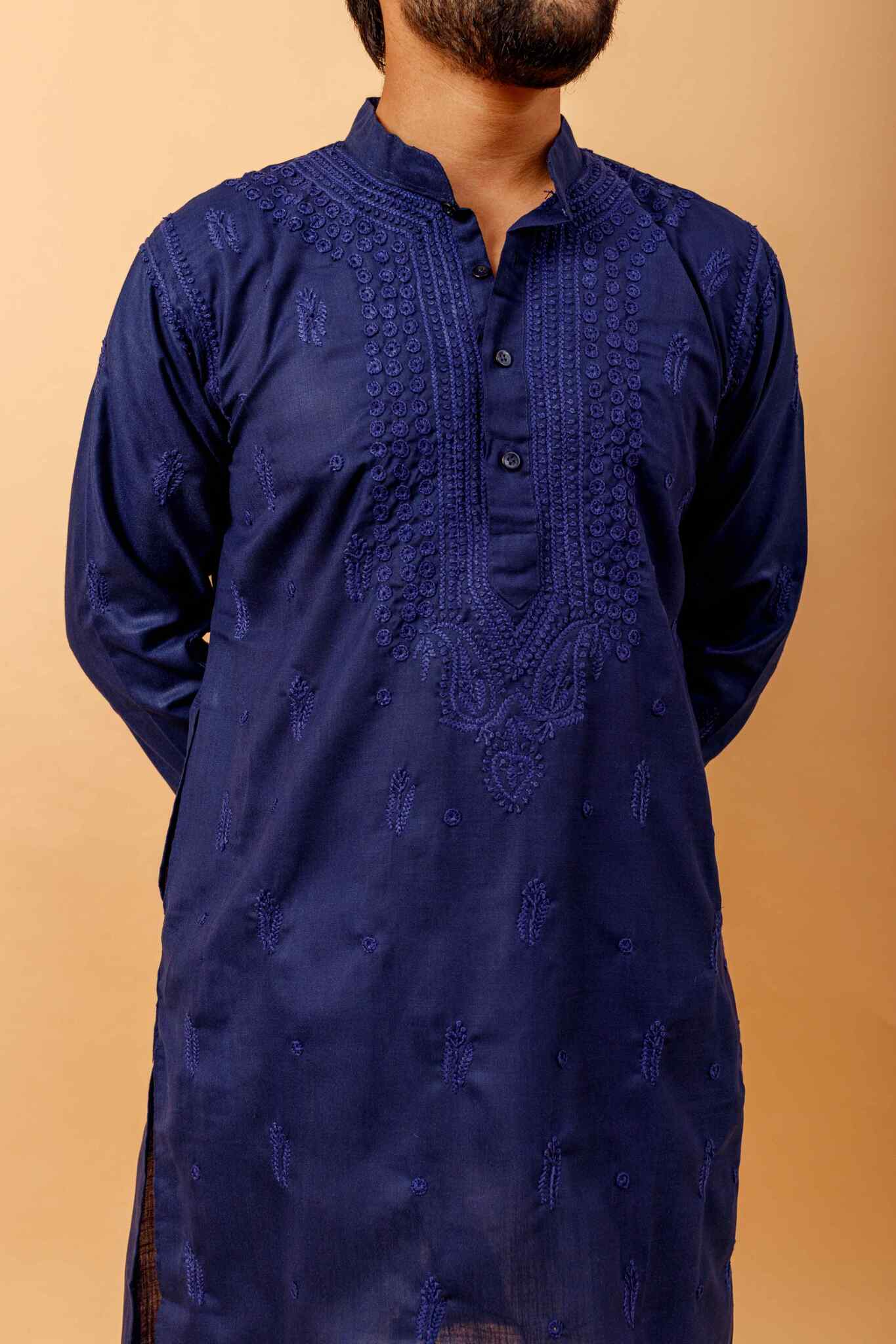 Arsh Handcrafted Navy Blue Gala Booti Pure Cotton Men's Kurta - Image 3