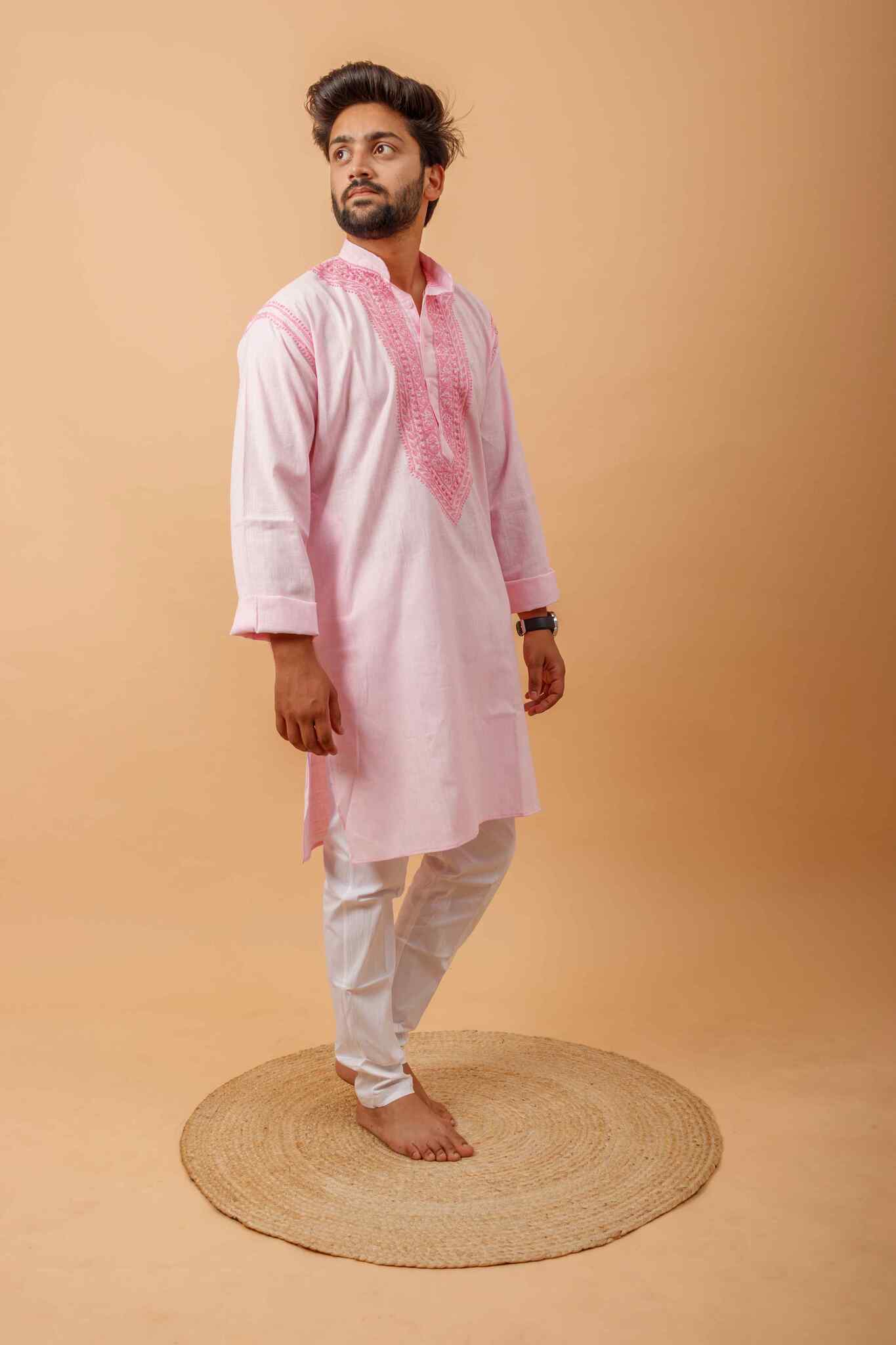 Arsh Handcrafted Pink Neck Embroidered Pure Cotton Men's Kurta - Image 5