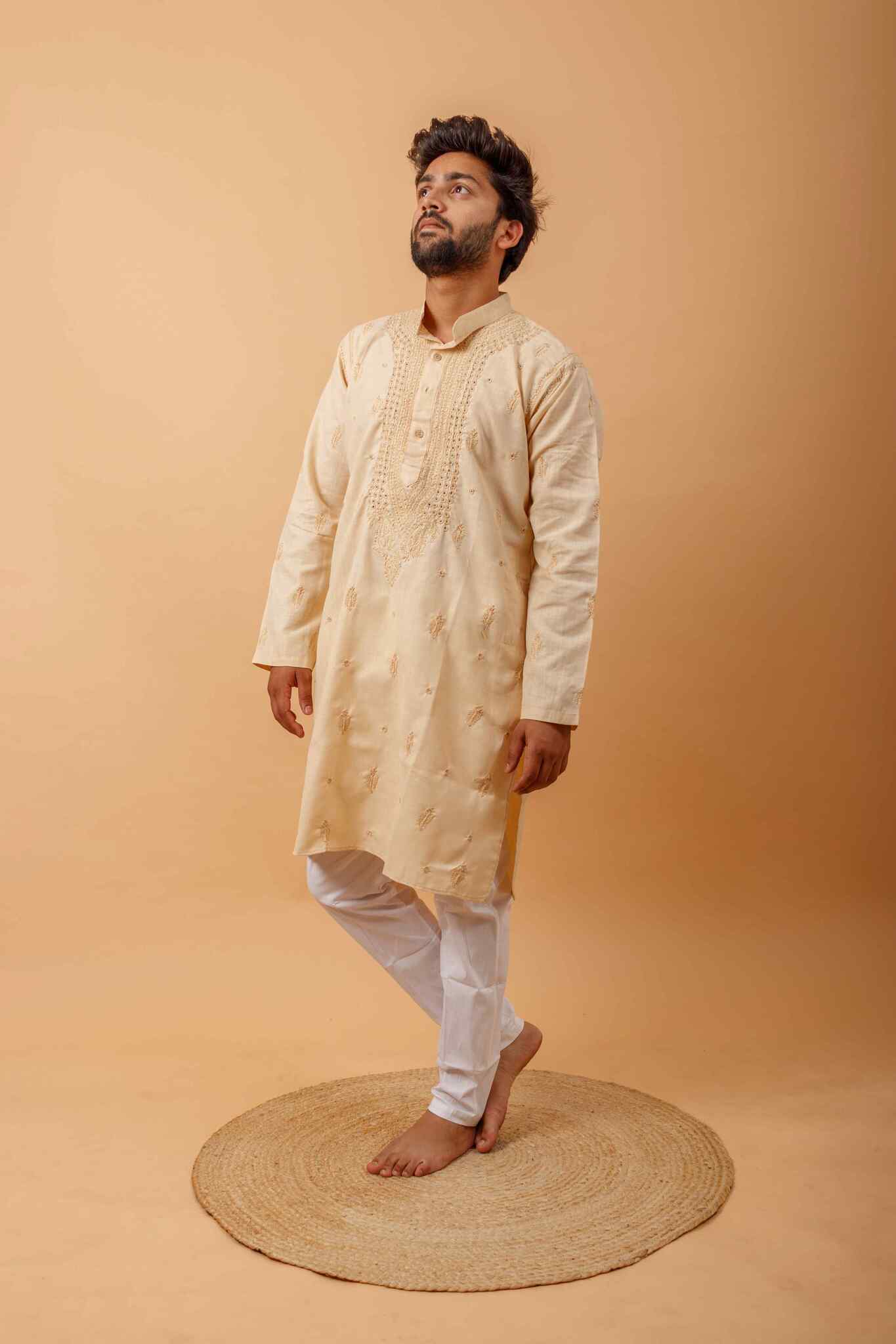 Arsh Handcrafted Fawn Gala Booti Pure Cotton Men's Kurta - Image 3