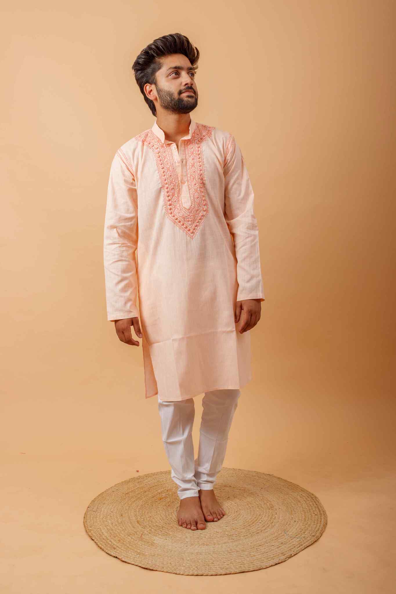 Arsh Handcrafted Salmon Orange Neck Embroidered Pure Cotton Men's Kurta - Image 4
